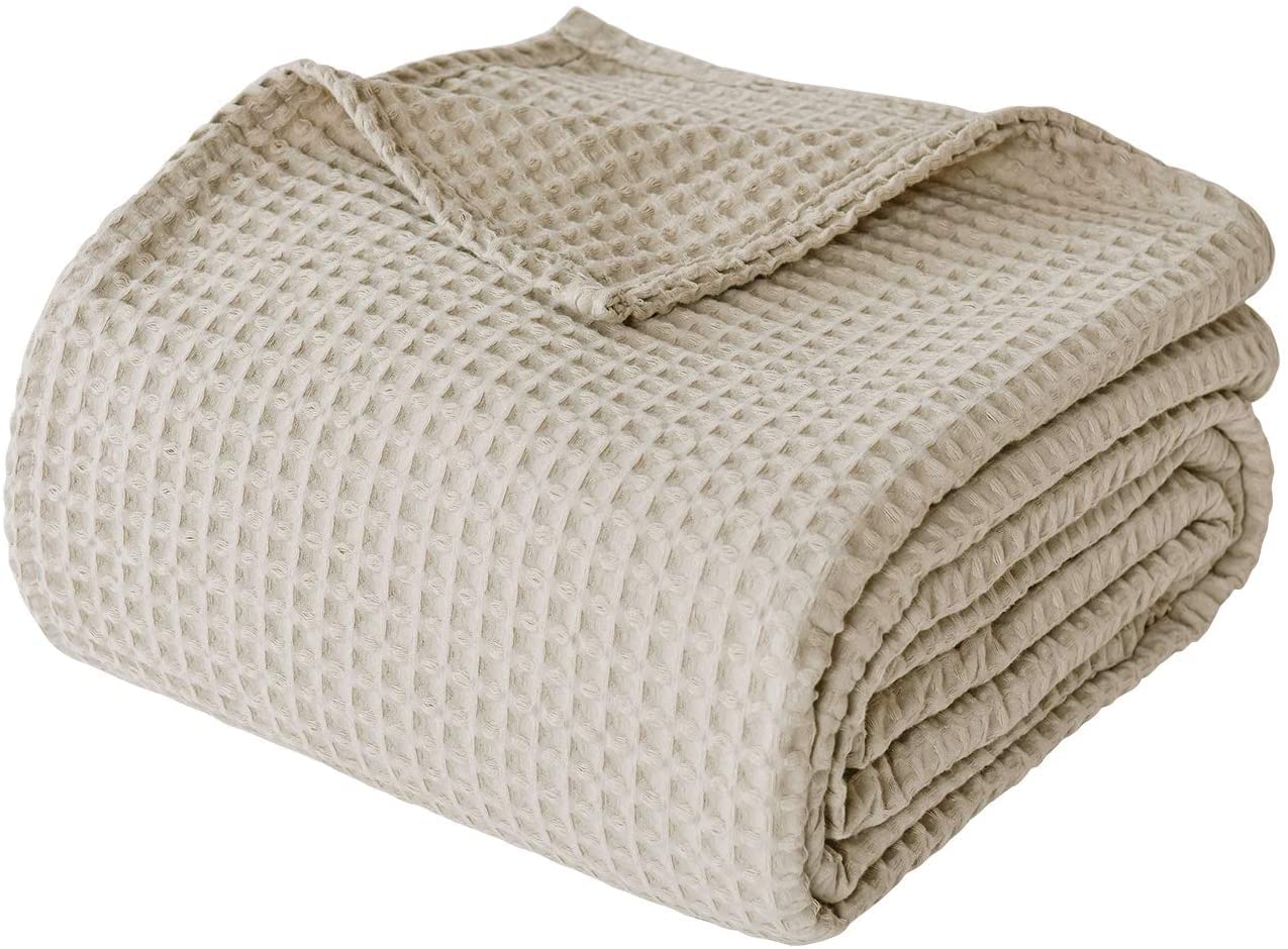 PHF 100% Cotton Waffle Weave Blanket Single Size 130 x 150cm, Pre-Washed Lightweight Breathable Throw Blanket for Summer, Oeko-TEX Certified for Bed Couch Sofa, Home Decor, KhakiOEKO-TEX STANDARD 100