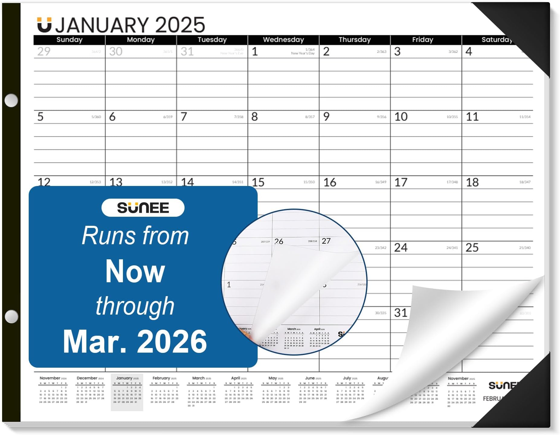 SUNEE 2025 Desk Calendar Large 22x17 from Now to March