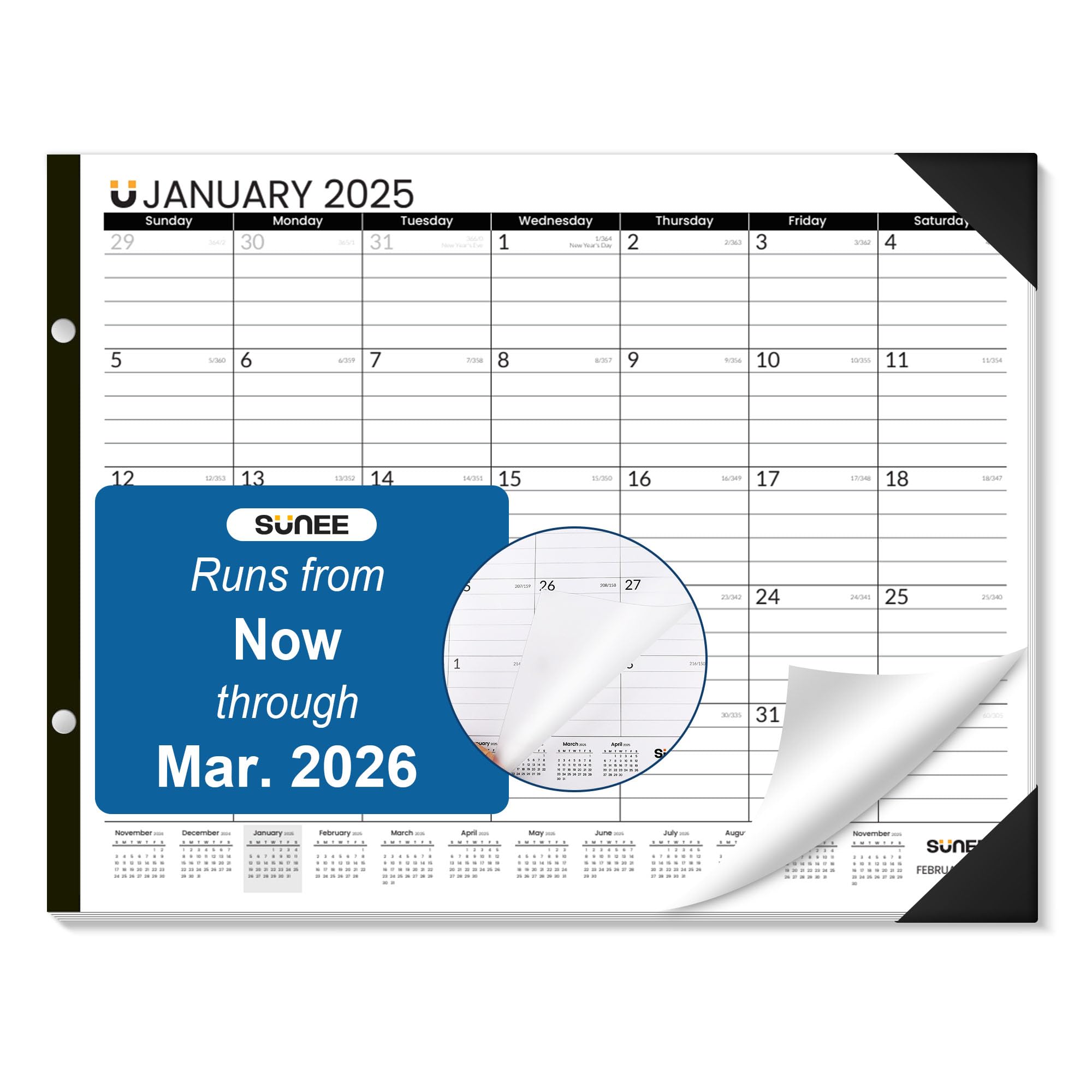 SUNEE 2025 Desk Calendar Large 22x17 from Now to March 2026, Extra Large Desktop Monthly Calendar Pad 18 Months For Teacher or Family, Desk Top Calendar, Black