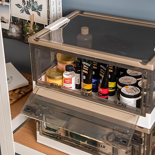 Miniatura 8 de Best Home Fashion Paquete de 3 contenedores de almacenamiento de apertura lateral, tapa apilable plegable, fácil de ordenar con caja de