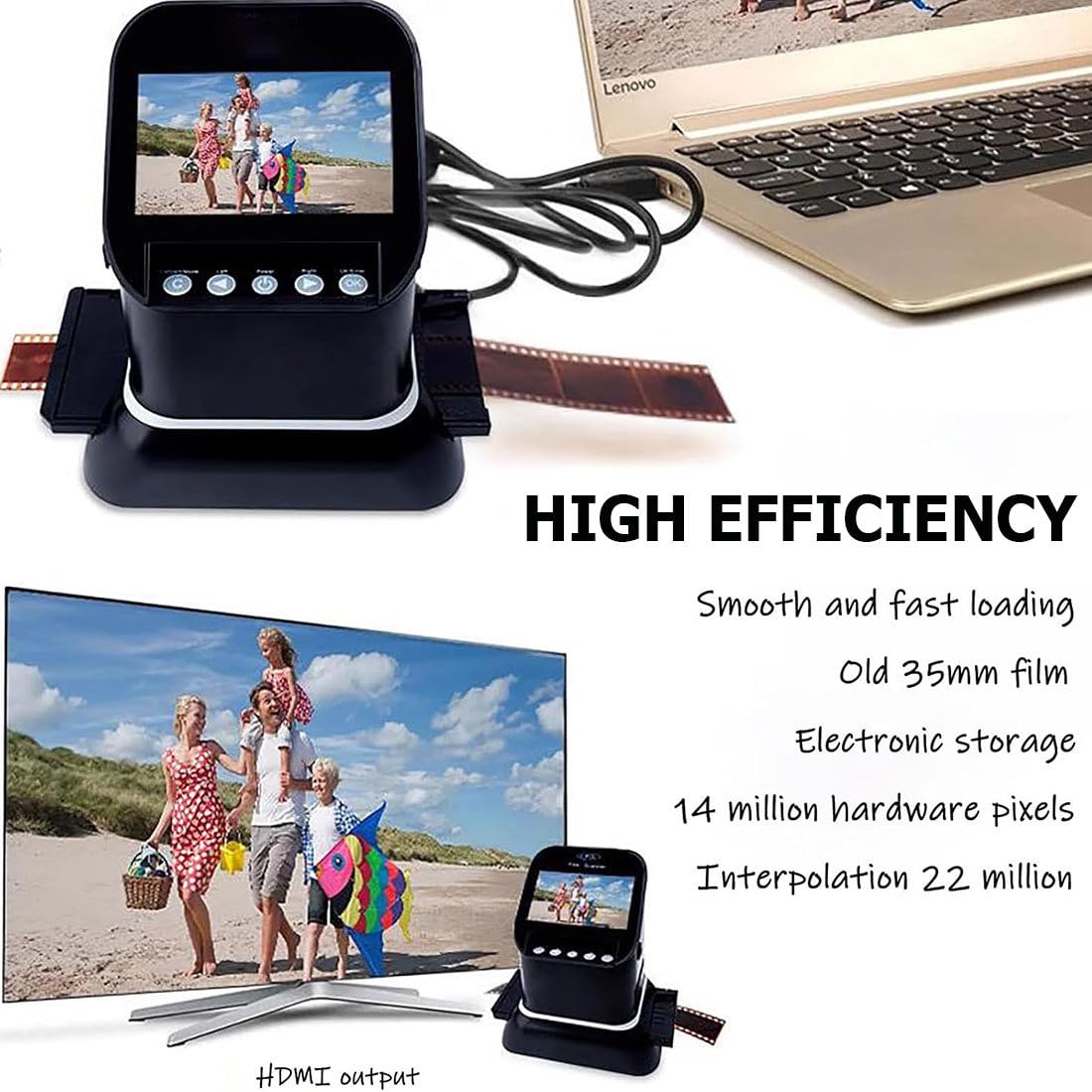 Scanner per Diapositive E Negativi,Scanner Film Ad Alta Risoluzione 120,Scanner Fotografico per Diapositive Negativi da 22 Megapixel,con Schermo LCD 4,3"