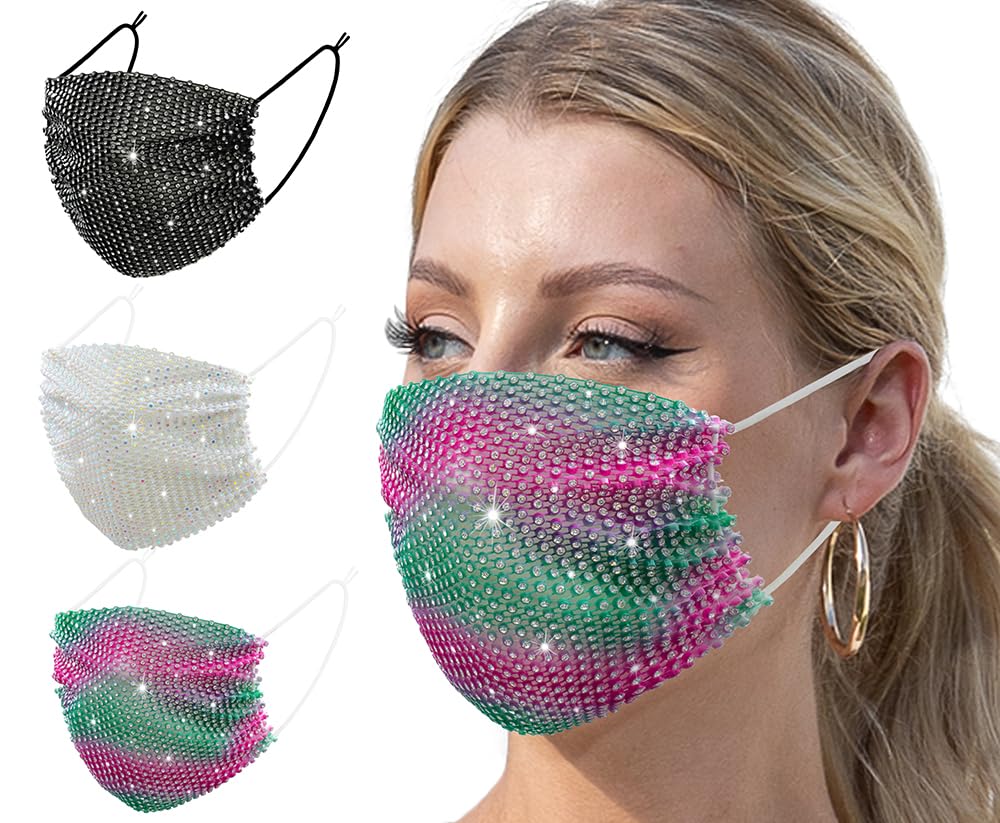 Auriviz 3 Pcs Multi Color Christmas Halloween Sparkling Crystal Face Masks Birthday Gifts Bling Rhinestone Womens Customized Mask Music Festival Costume Decorations Nightclub Obstruction for Women