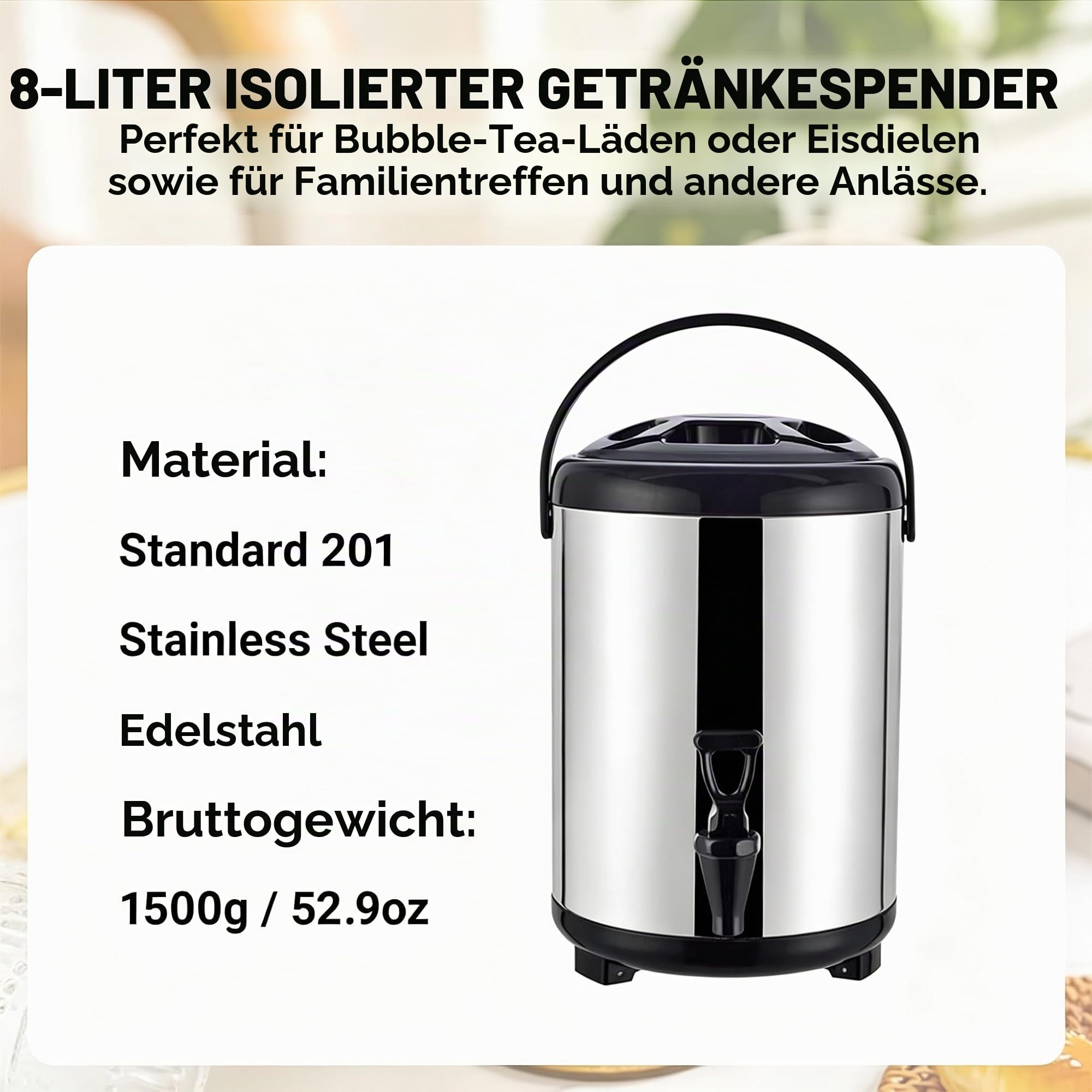 Isolierter Getränkespender, 2 Gallonen/8 l, Thermo Getränkespender aus Edelstahl mit Zapfhahn, lebensmittelecht für heißen Tee, Kaffee, Wasser, Restaurant, Getränkeladen(8L)