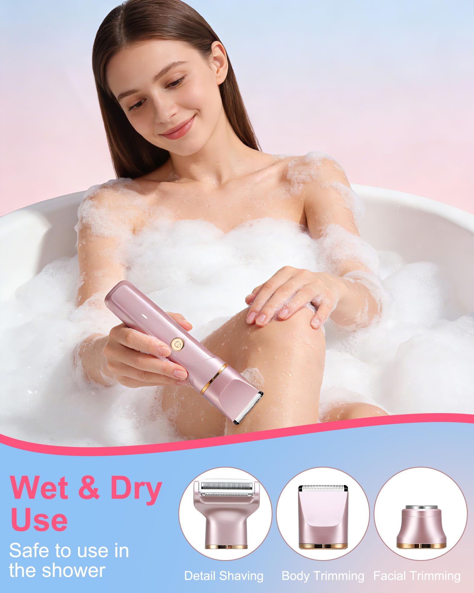 Rasoio da donna, 3 in 1, rasoio intimo da donna, depilatore per il viso da donna, rasoio elettrico da donna, per gambe, braccia e zona bikini, ricaricabile IPx7, impermeabile, trimmer da donna, oro