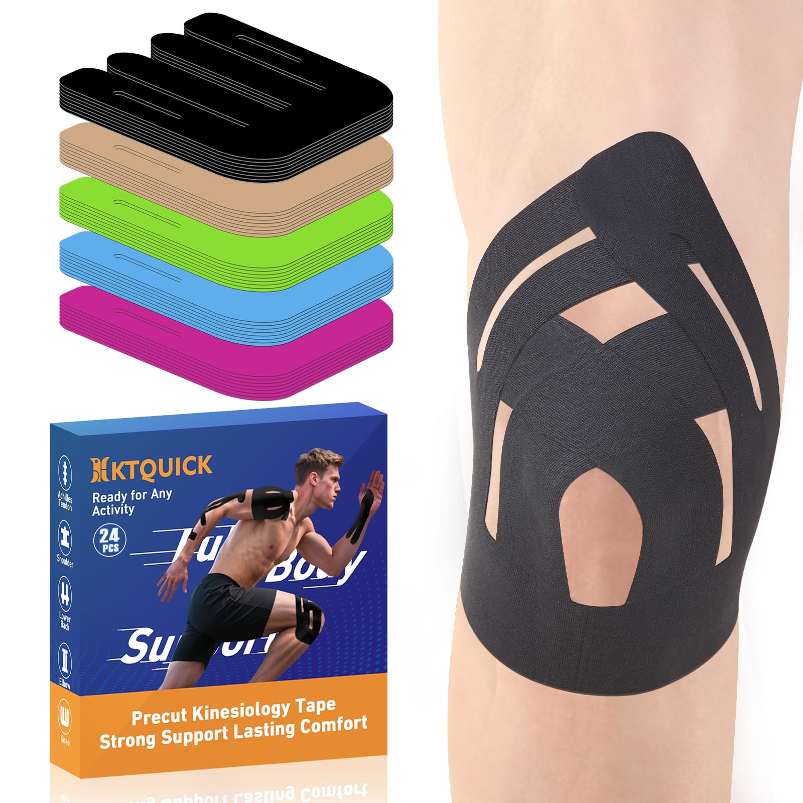 PreCut Kinesiology Tape for Knees 24PCS Upgraded Waterproof KTQUICK Knee Tape for Knee Pain Relief Pre Cut Original