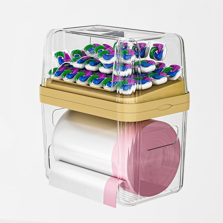 2-in-1 Trash Bag Dispenser & Laundry/Dishwasher Pods Container, Clear Acrylic Garbage Bag Organizer with Removable Lids, Under Sink Kitchen Storage Box for Pantry Organization