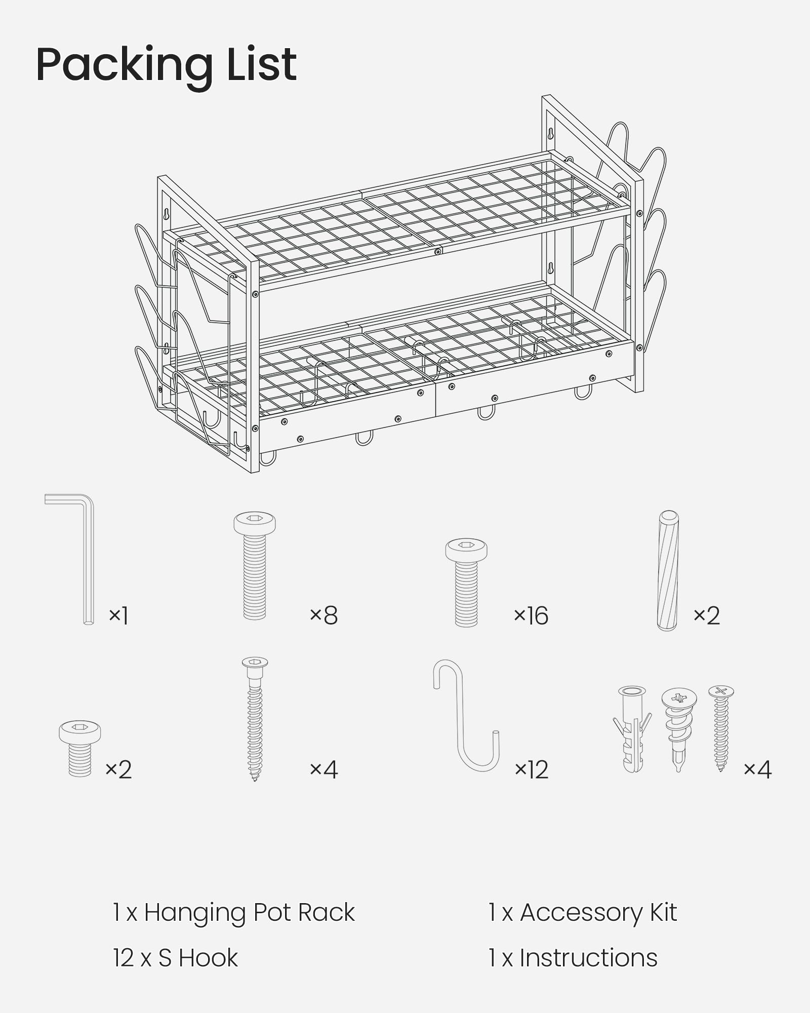 CHOEZON Soporte de Pared para Ollas, Estante de Cocina de 2 Niveles para Ollas y Tapas, Soporte para Sartenes, Vajilla y Utensilios de Cocina con 12 Ganchos, Marrón Vintage y Negro DTPR02BF