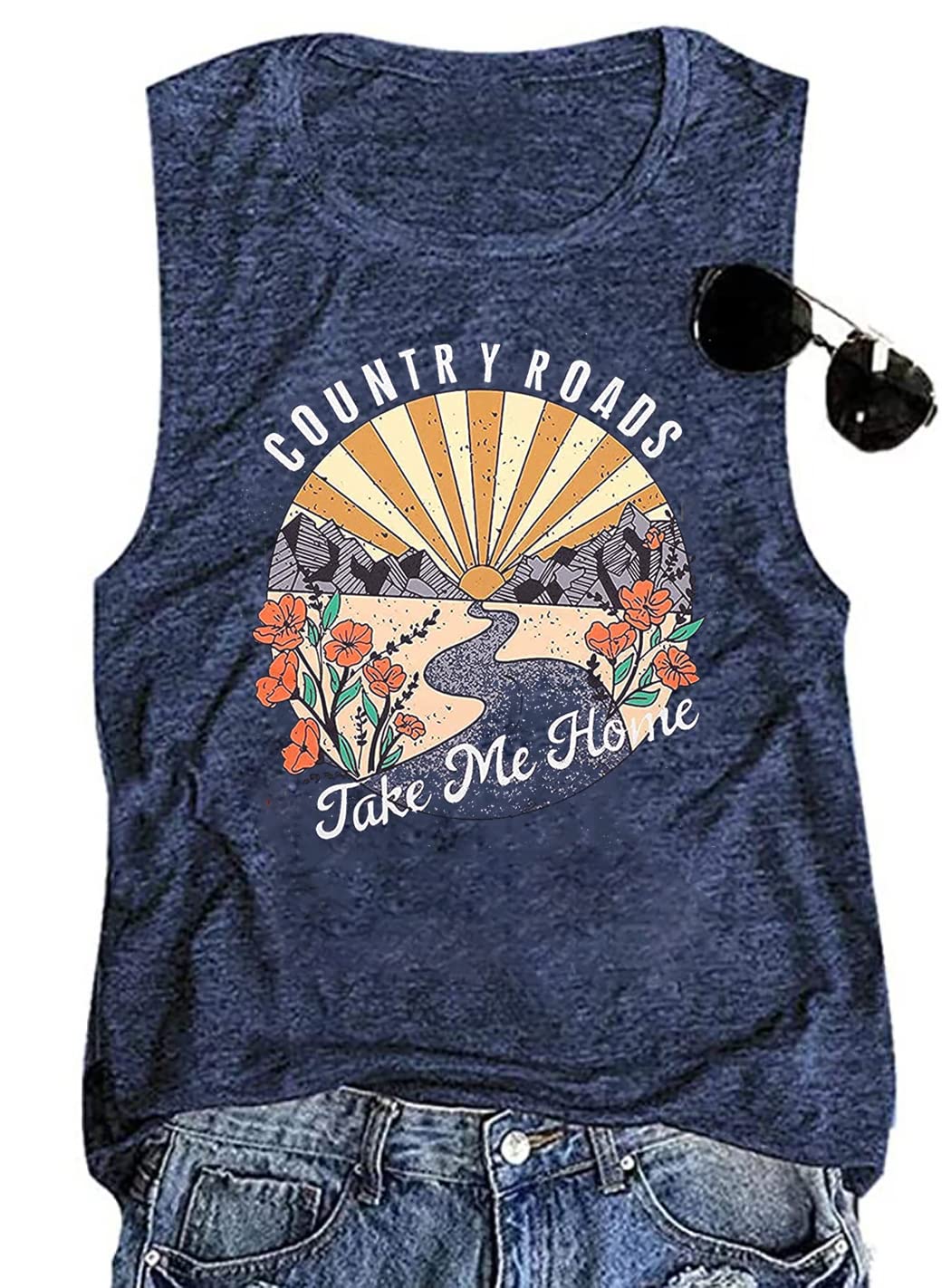 Country Roads Take Me Home Floral Tank Top for Women Hiking Mountain Sleeveless T Shirt Tees Camping Vest