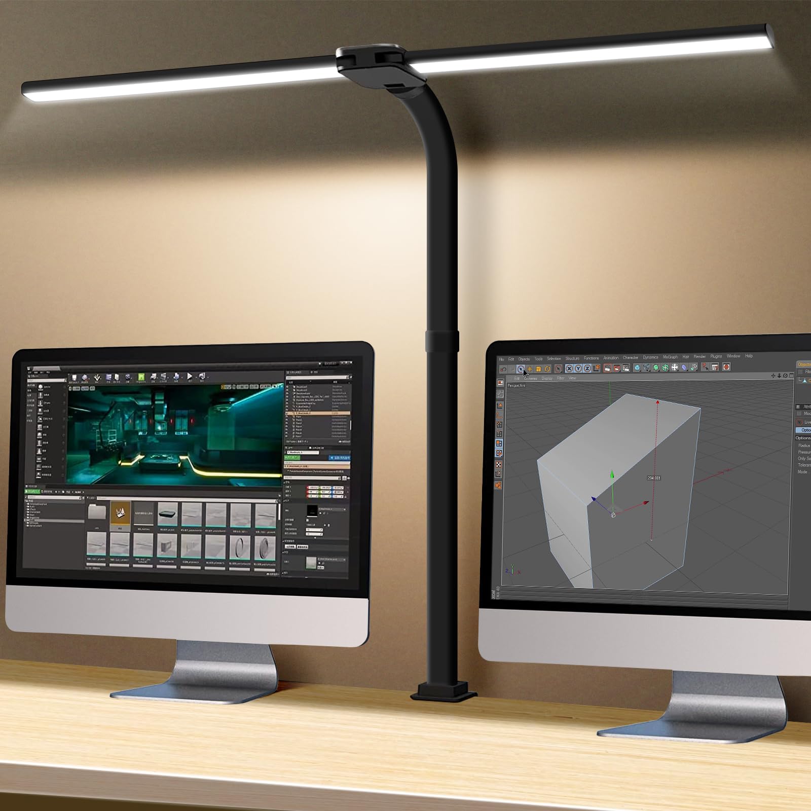 LOOPITYS LED Desk Lamp for Home Office, Double Head LED Desk Lamp with Clamp, Eye Protection Architect Table Lamps, 18W 80CM Brightest 5 Color Modes and Dimmable Workbench Office Light for Reading