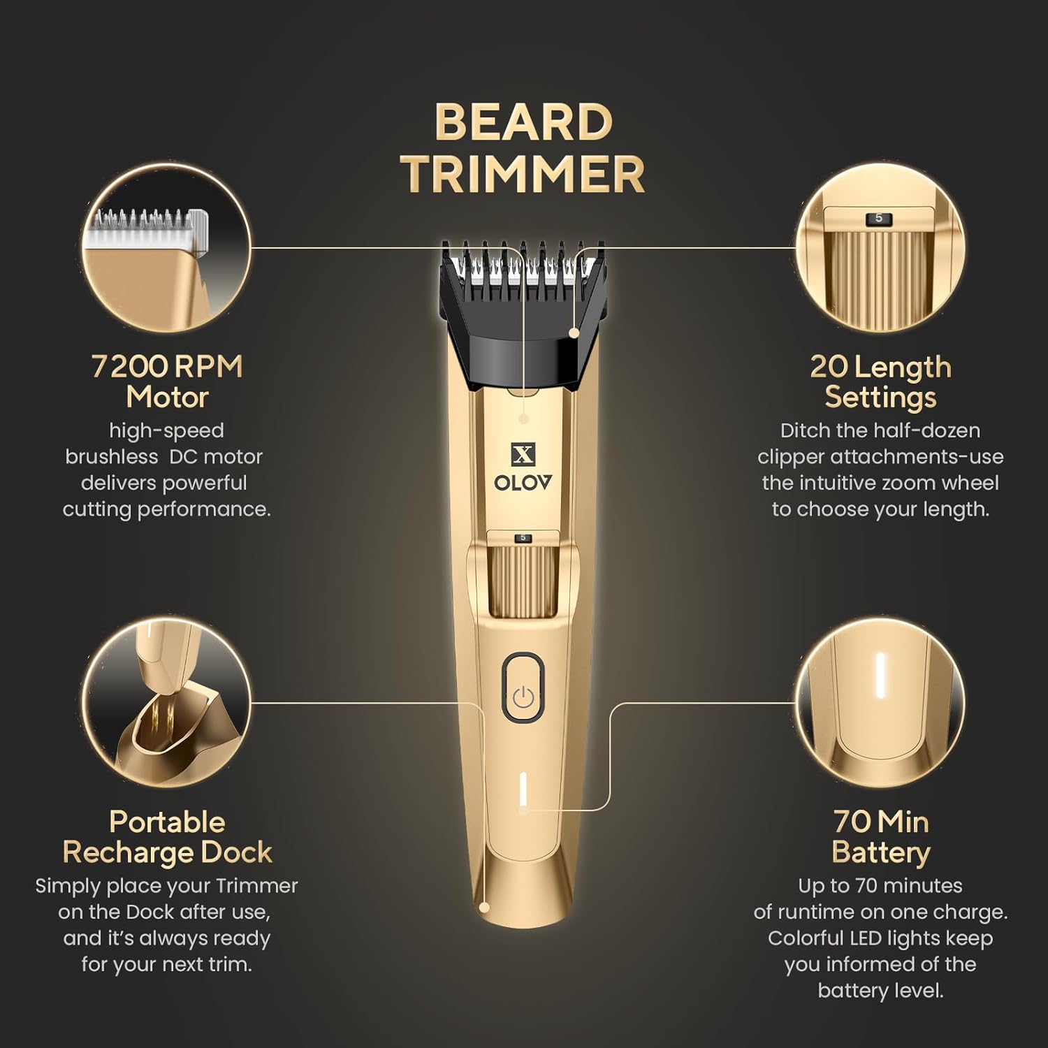 Men's Beard Trimmer- All-in-One Trimmer with Precision Dial - Premium Facial Hair Groomer - Adjustable 20 Length Setting, USB Recharge Dock, Cordless Waterproof Wet/Dry Clipper, Gold - Image 2