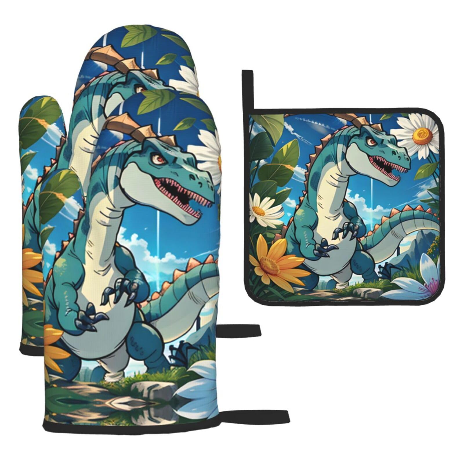 Cute Dinosaur Oven mittens and oven mitts three-piece set suitable for oven, grilling, baking, microwave and home cooking.