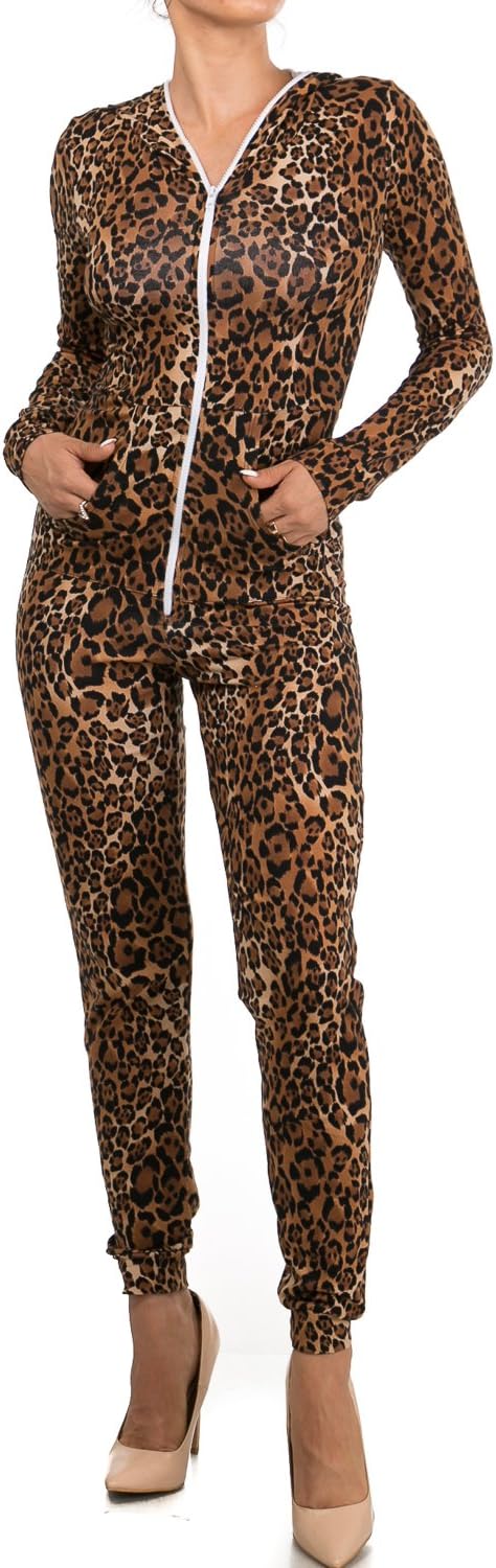 Staand Apparel Women's One Piece Onesies Leopard Catsuit Cheetah Tiger Print Jumpsuit Bodysuit Outfit Costume W/ Front Zipper and Hooded Hoodie For Parties & Social Gatherings