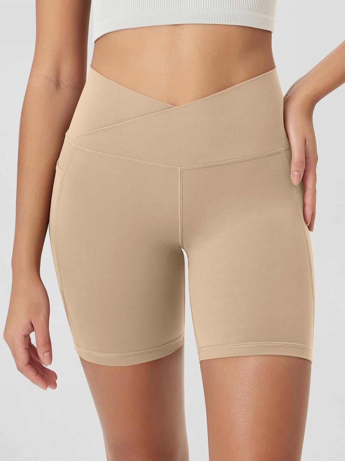 ODODOS Cloud Feeling Cross Waist Yoga Shorts with Pockets for Women, 6" Crossover High Waist Lounge Biker Shorts - Image 4