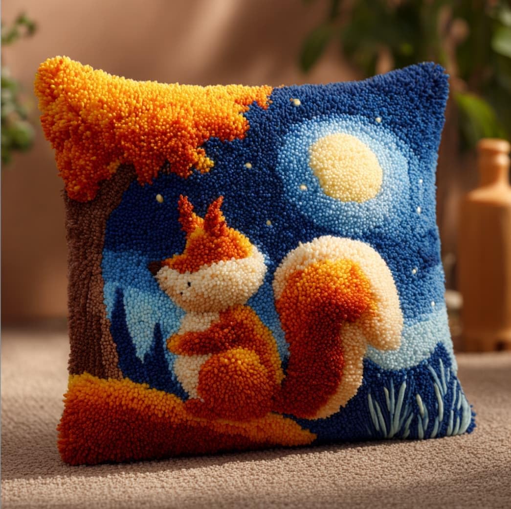 WallustrioaW DIY Latch Hook Pillow Kit,Squirrel Pillowcase Kits Embroidery Kits 17X17 Inch DIY Needlework Pillow Cover Sofa Cushion Rug Making