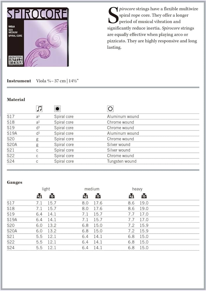 Thomastik-Infeld Spirocore ビオラ弦　楽器　音楽 Thomastik Spirocore Viola String Set - Medium