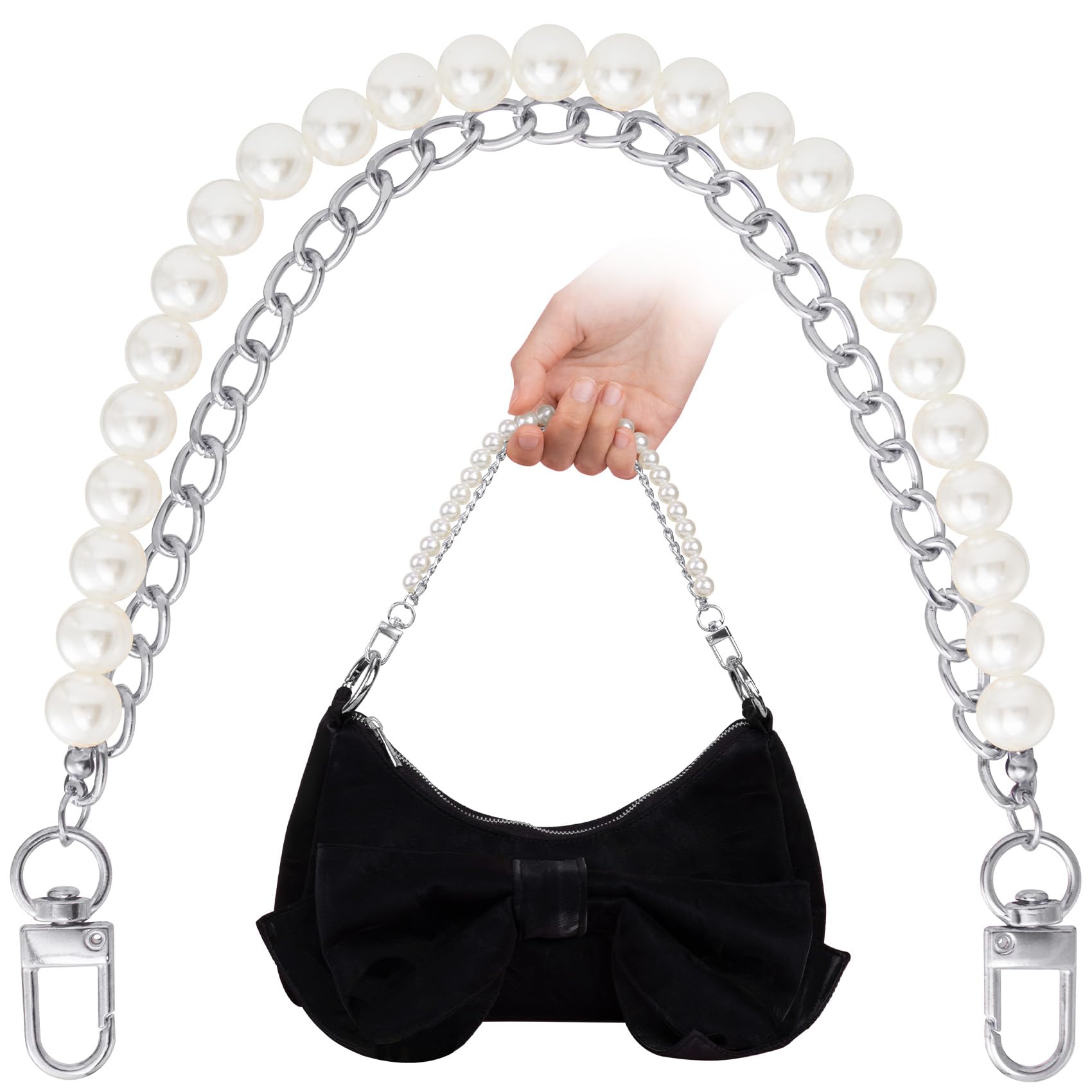 Pndeyo Pearl Purse Double Chains for Women, Stainless Steel Purse Straps Extender, Short Handle Replacement Charms Accessories for Wallets Handbags
