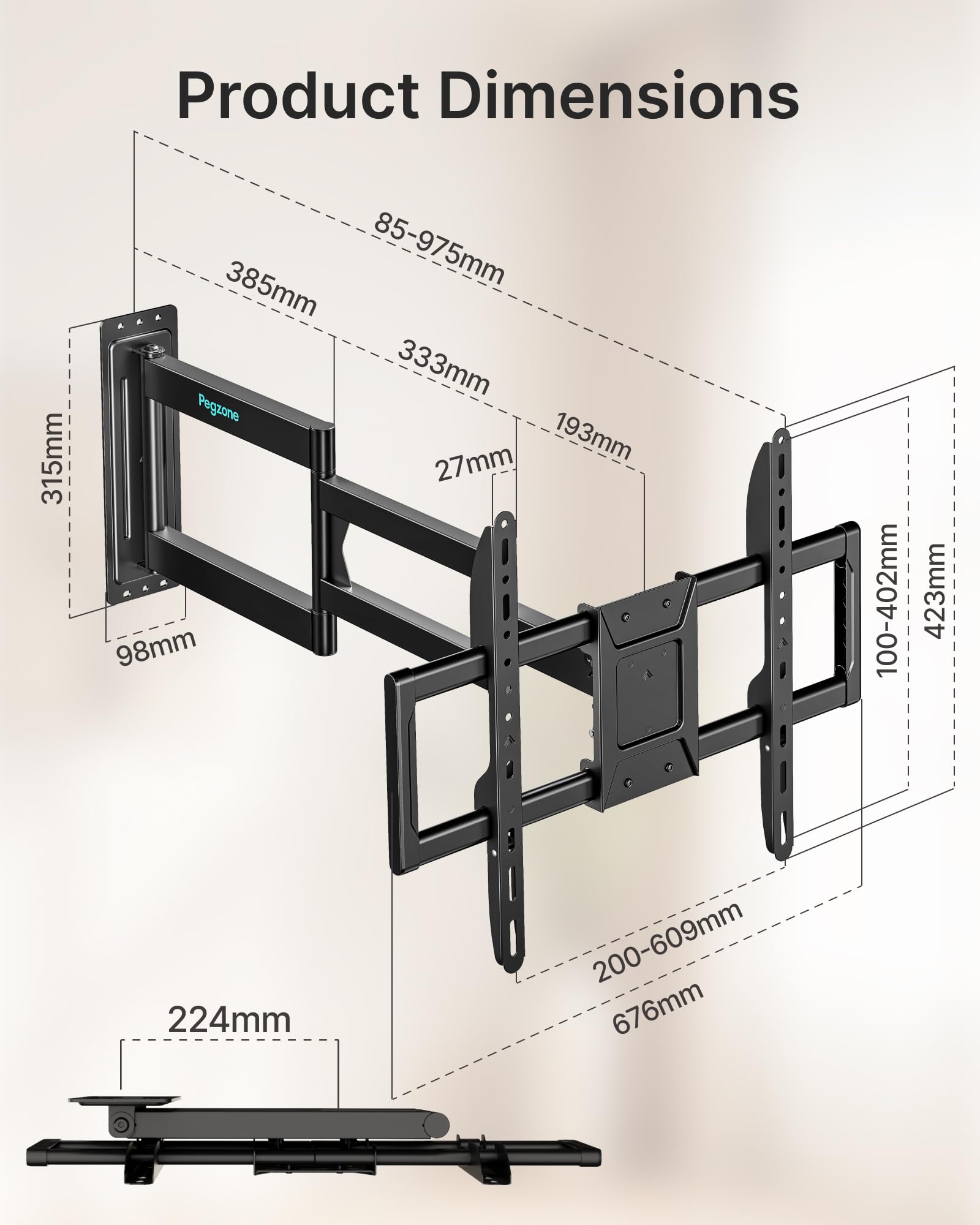 PEGZONE Support TV Mural Bras Long 85-975 mm 37-86", jusqu'à 50 kg | Support mural TV orientable et inclinable, VESA max. 400x400, gestion des câbles, compatible TV LED, LCD et OLED