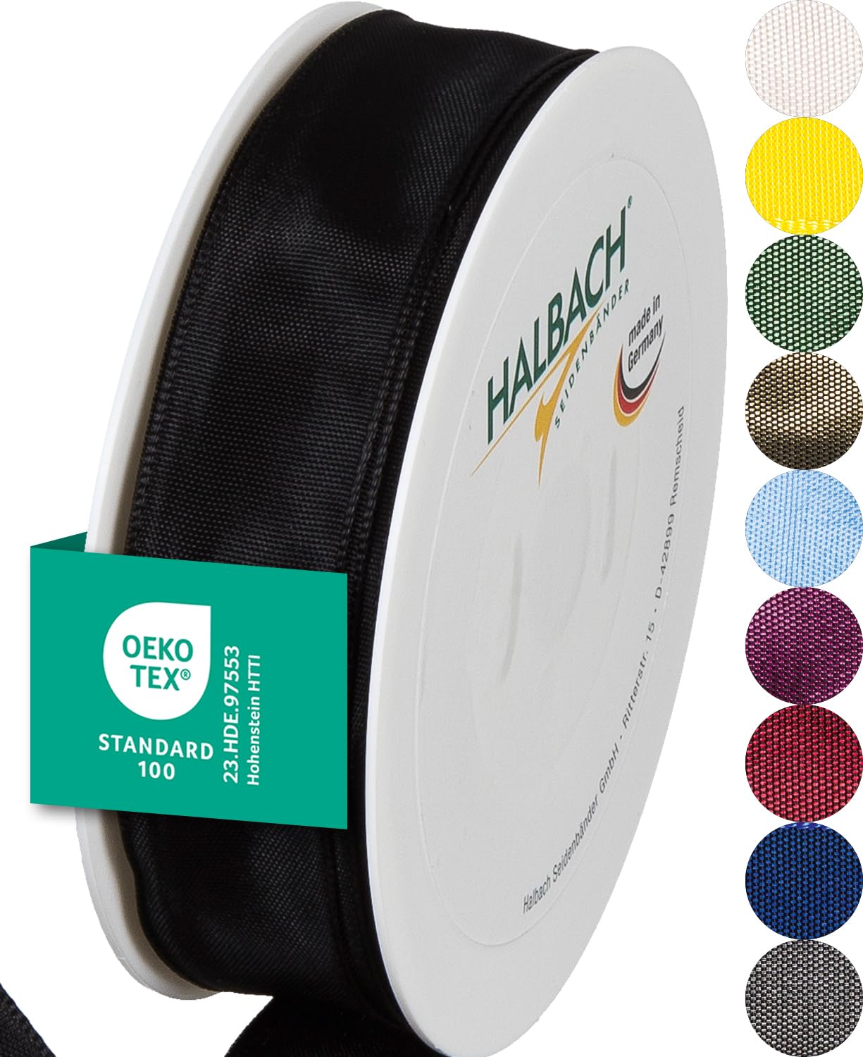 Halbach Seidenbänder Premium Geschenkband mit Drahtkante | Breite 25mm Länge 25m | Öko-Tex 100 zertifiziertes Schleifenband | Taftband Made in Germany, Farbe: schwarz