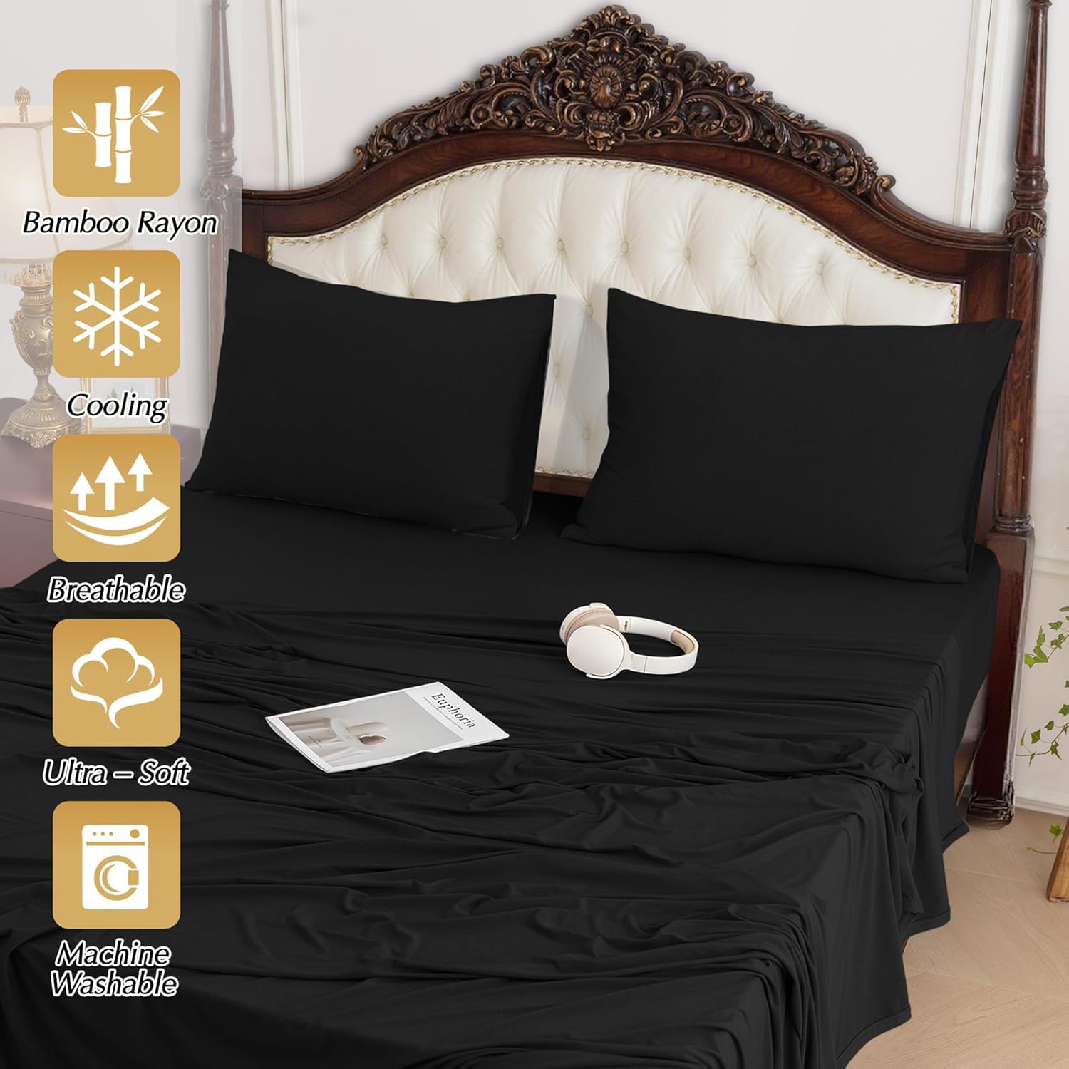 N&Y HOME StretchSnug Queen Sheets Set with Corner Straps - Blend of Rayon Derived from Bamboo, Stretchy Sheets Deep Pocket No Slip Stay on Bed, Firm & Tight, 4 Piece Sets, Charcoal, Queen