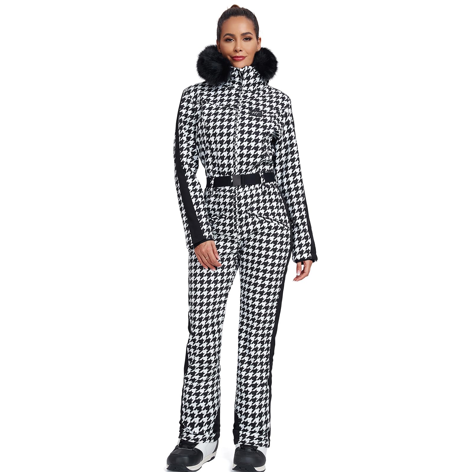 HOTIAN Traje de esquí de una pieza para mujer, traje de esquí cálido para mujer, traje de nieve, impermeable, resistente al viento, mono de nieve, mono con capucha