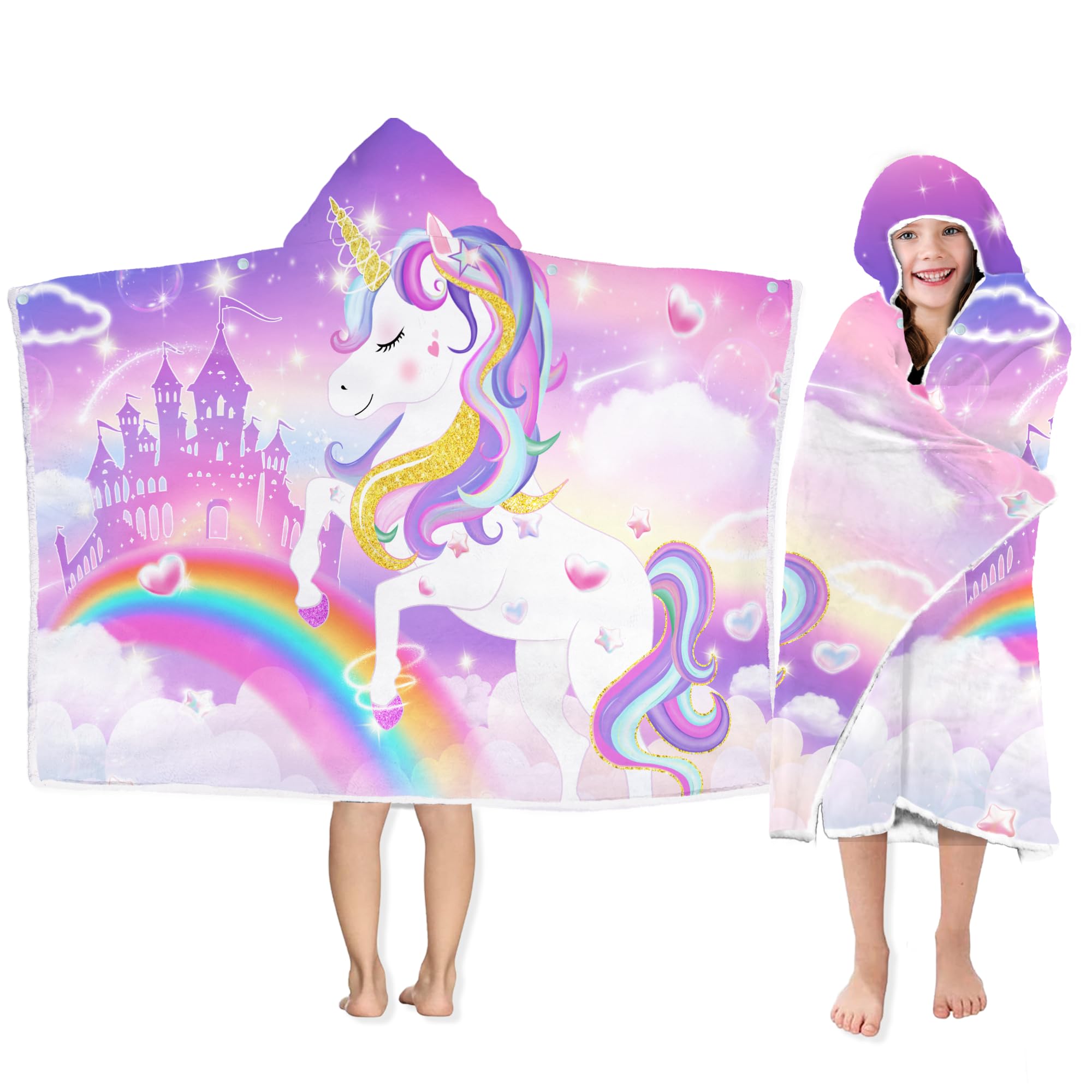 FUTBU Einhorn-Strandtuch mit Kapuze, Einhorn-Poncho-Handtuch für Mädchen, niedliches Cartoon-Motiv, weich, saugfähig, Badetücher mit Kapuze, für Kinder, Kleinkinder, 76,2 x 127 cm, Bademantel mit
