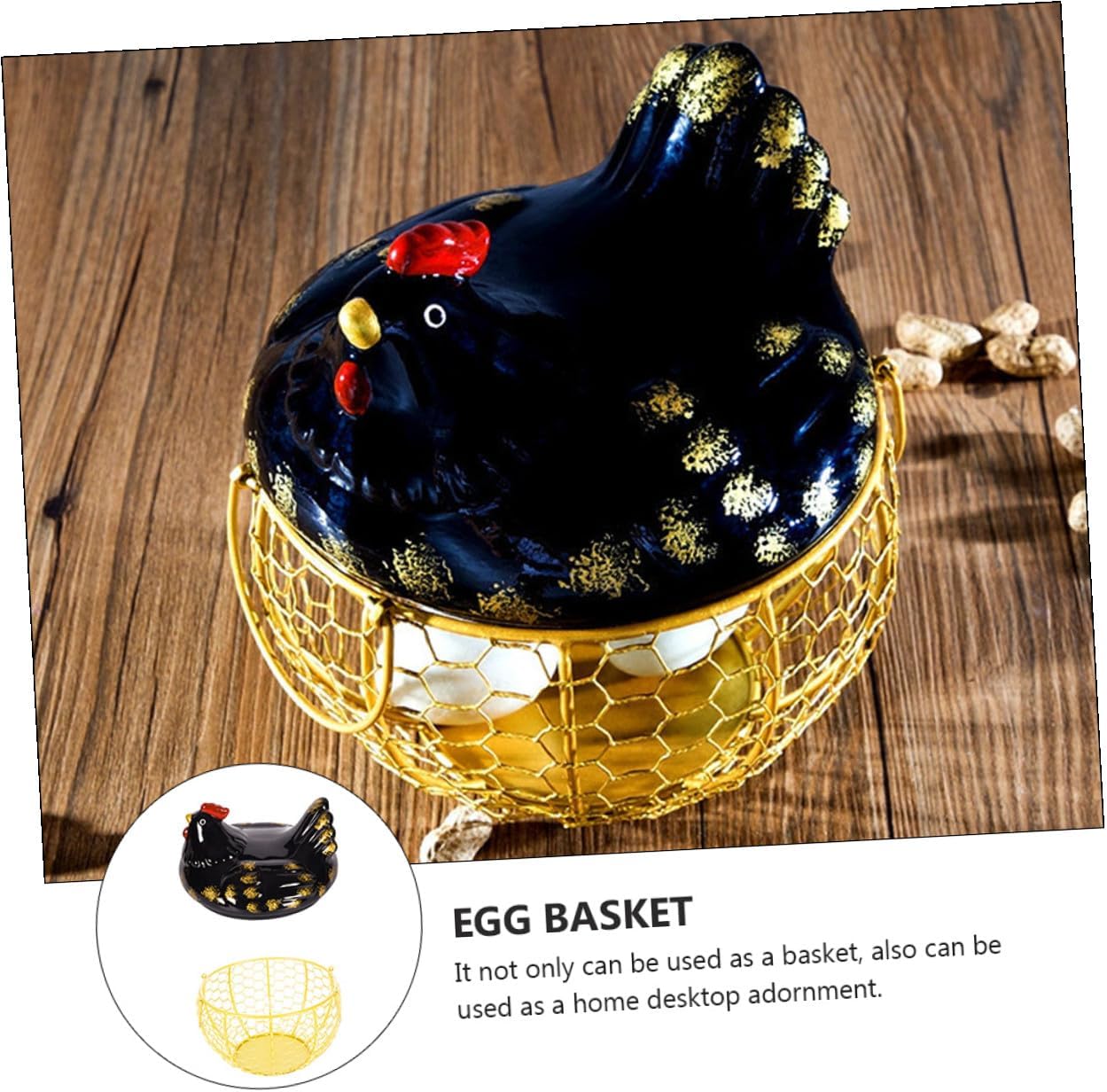 Veemoon Farmhouse Metal Egg Basket with Lid Black Iron Wire Egg Holder and Gold Wire Desktop Storage Basket for Kitchen
