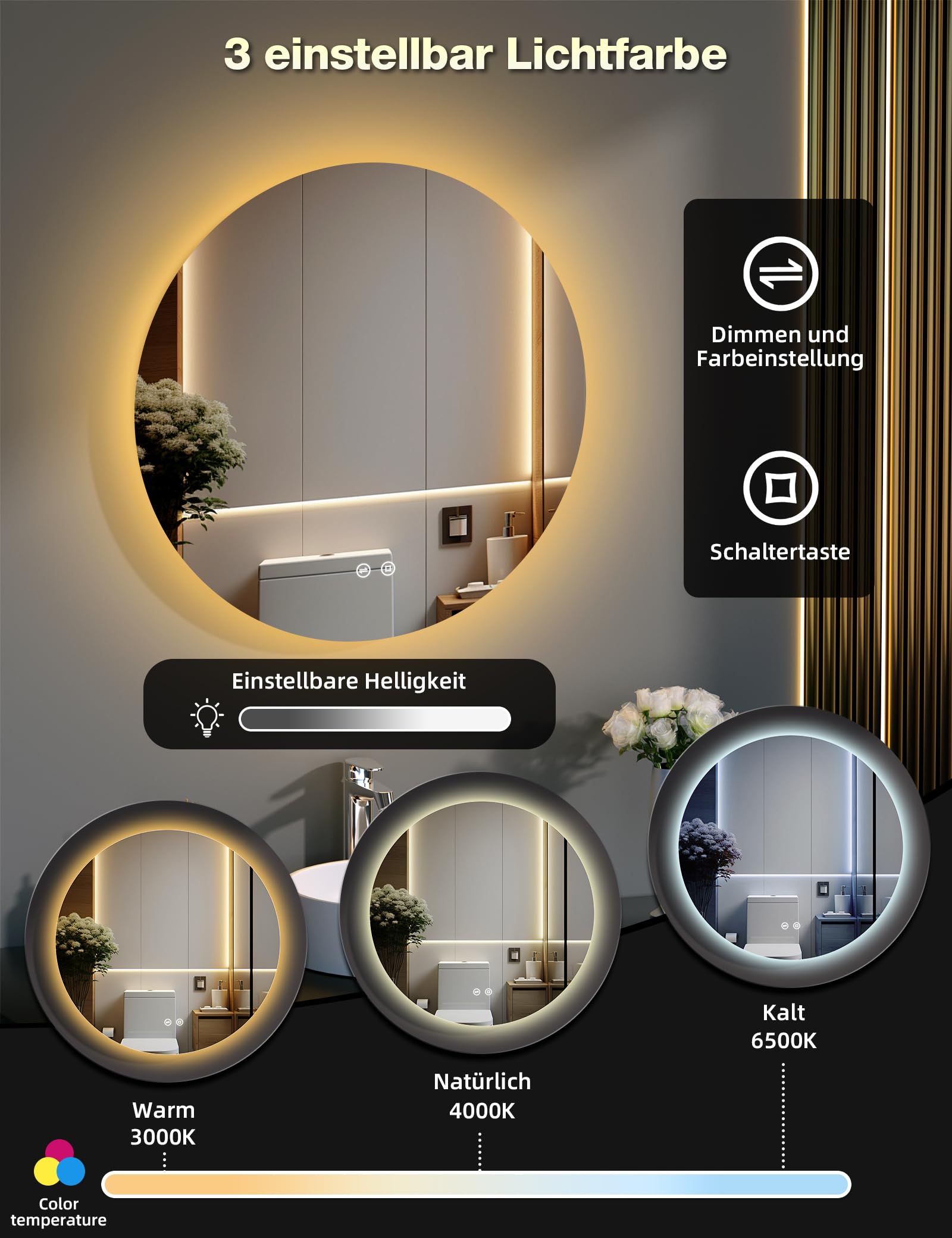 Badezimmerspiegel mit Beleuchtung, 60 cm Runder Badspiegel mit Beleuchtung, 3 Lichtfarben, Dimmbar, Touch-Schalter, Speicherfunktion, Energiesparend, LED Spiegel Bad Wandspiegel mit Licht