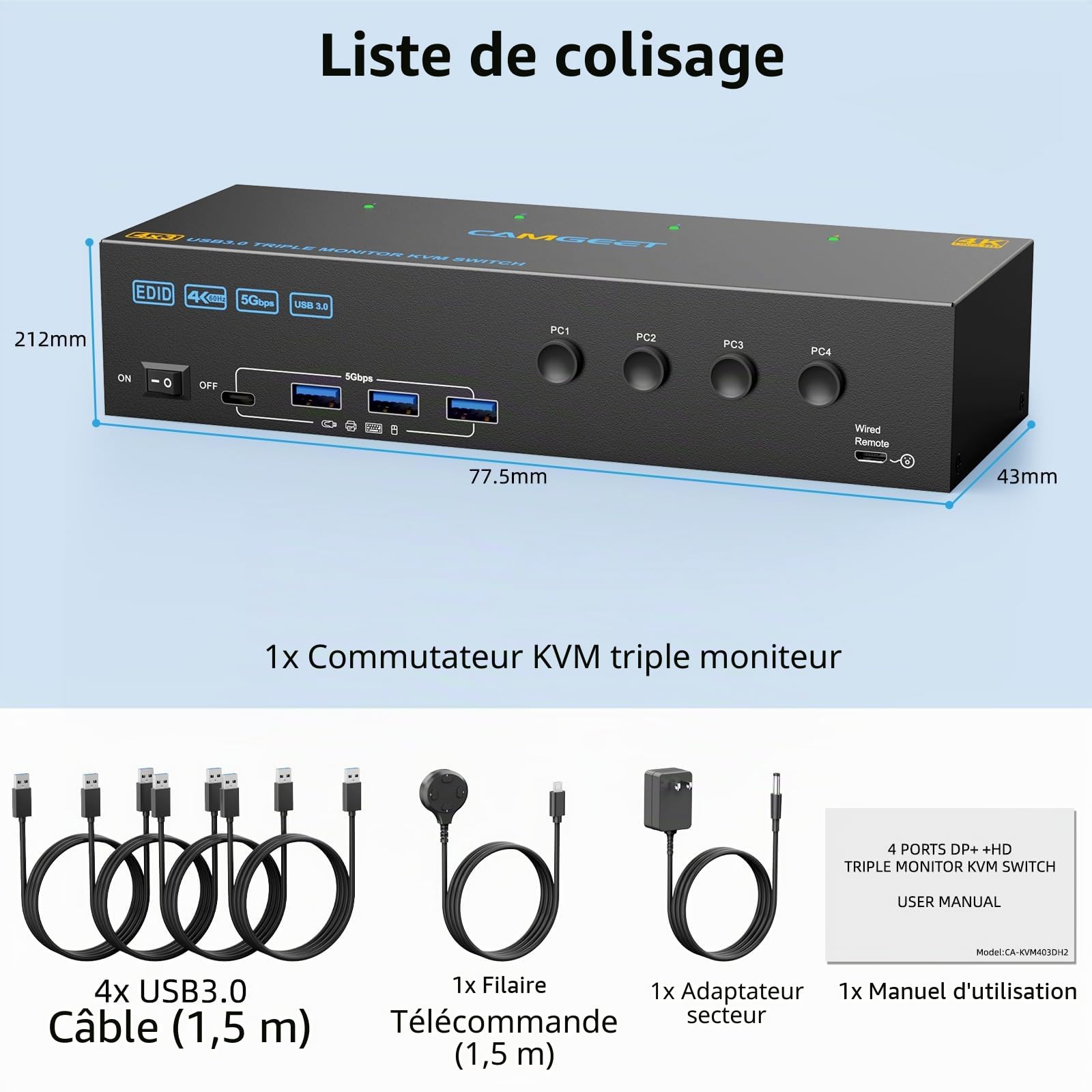KVM Switch 4 PC 3 Moniteurs 4K@60Hz, Simulation EDID,USB 3.0 HDMI Displayport KVM Switch Triple Monitor pour 4 PC Partager 3 Moniteurs et Souris Clavier,avec Télécommande Ccâblée et 4 Câbles USB