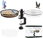 Deck Bird Feeders with Metal Mesh Tray and 2 Water Bowls - Detachable Adjustable Heavy Duty Clamp Bracket, Rail Bird Bath Balcony Porch Railing Feeder Perfect for Attracting Birds.