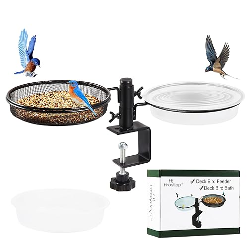 HRAYLTOP Deck Bird Feeders with Metal Mesh Tray and 2 Water Bowls - Detachable Adjustable Heavy Duty Clamp Bracket, Rail Bird Bath Balcony Porch Railing Feeder Perfect for Attracting Birds. - Hight 8.8 Inch-1