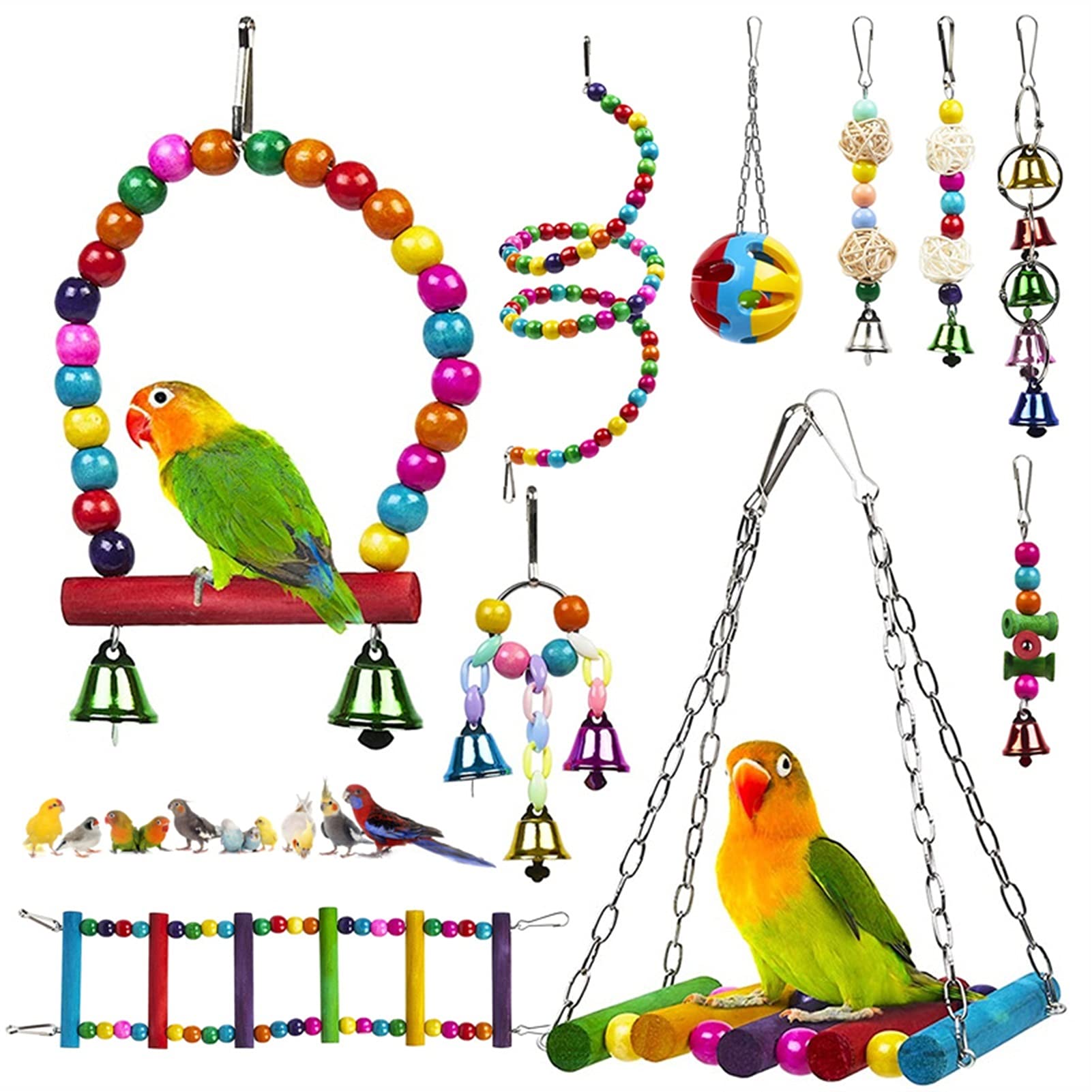 Vogelspielzeug Papageispielzeug 1. 0PCS. Set Hang Swing Bridge Kaubissen Bierbällchen Bell Holzperlen Rotierende Leiter Bird Cage Zubehör Liefert