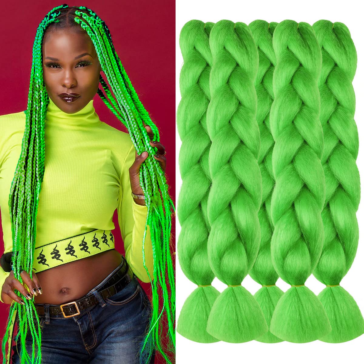 Green Braiding Hair Neon Braids Hair Kanekalon Braiding Hair 24inch Jumbo Braids Hair Colored Braiding Hair,Neon Green,5Pack