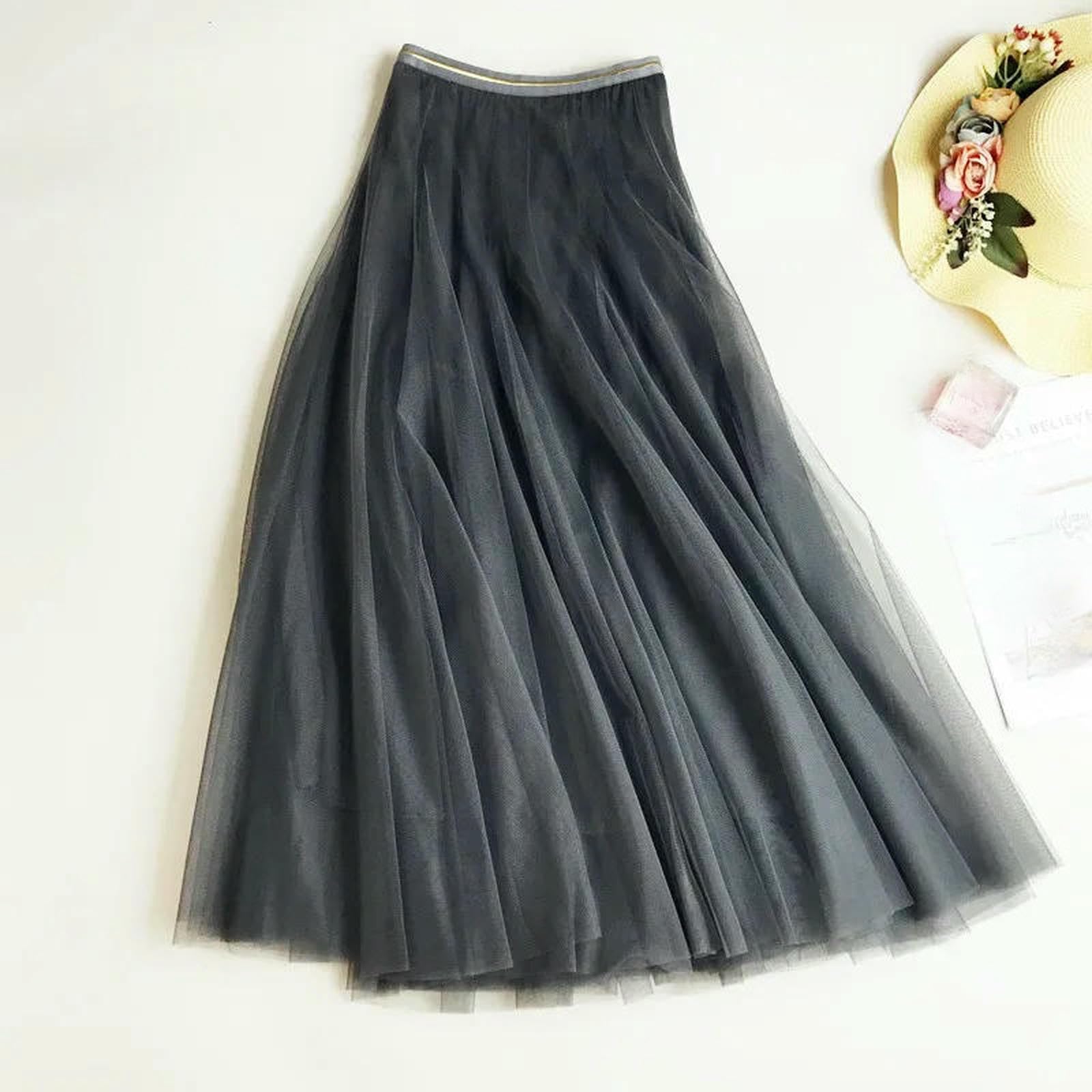 Gonna Estiva Gonna A Rete da Donna Estiva Tinta Unita A-Line-Grigio-Taglia Unica （Vita 60-75 cm, Lunghezza Gonna 82 cm）