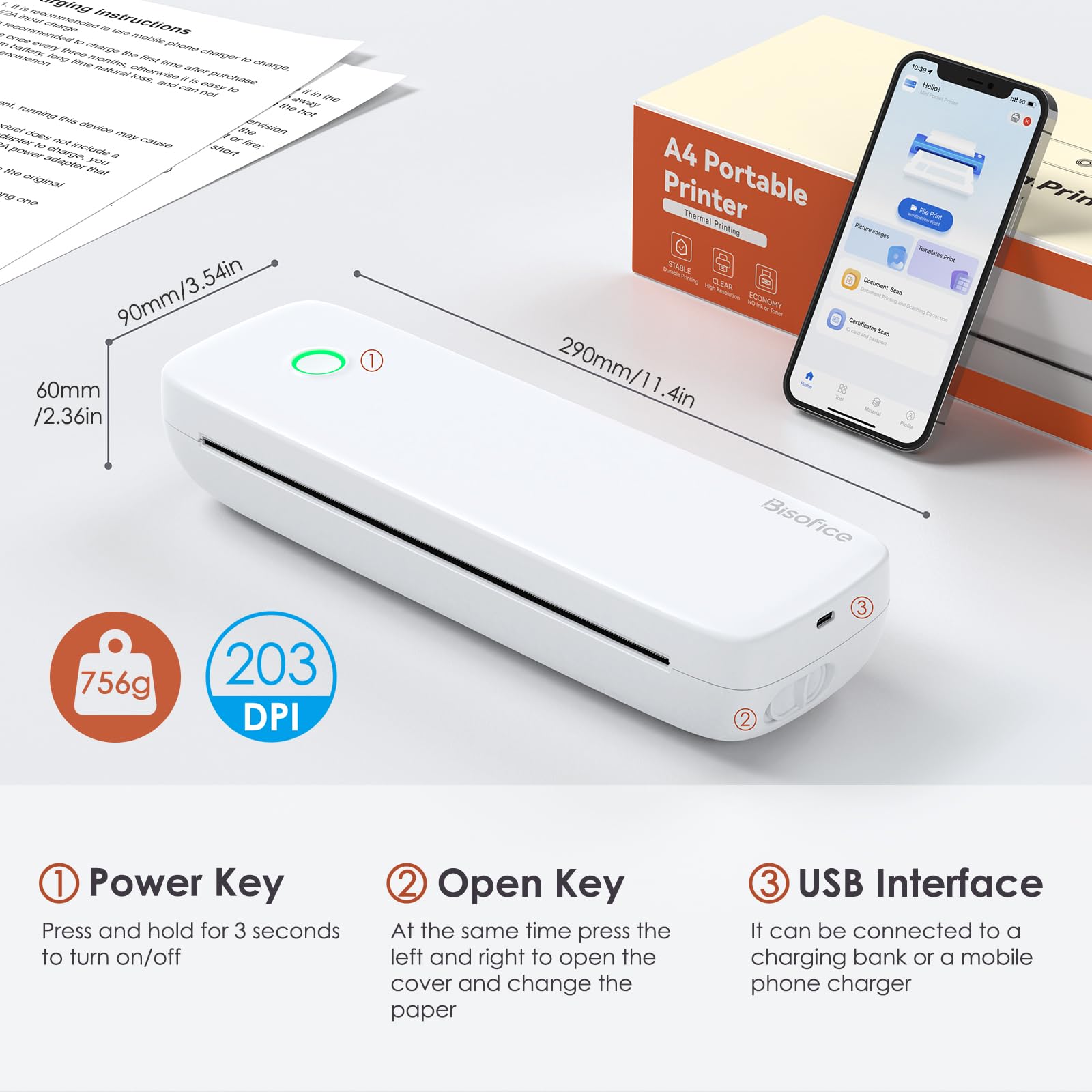 Bisofice Impresora Térmica Portátil A4, Bluetooth Impresora Termica A4, con 1 Rollos de Papel térmico, Compatible con Android/iOS/Wins/Mac, para Escuelas, Hogares y Oficinas