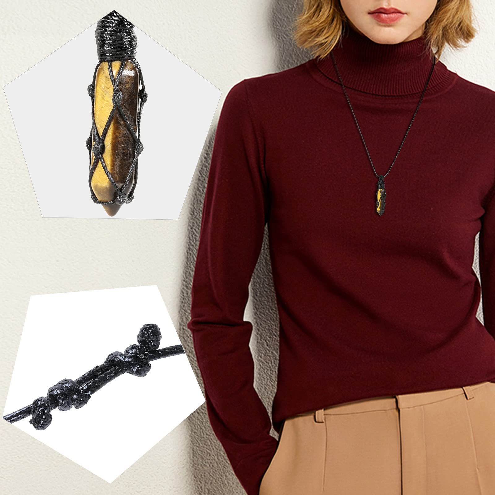 Nupuyai Tiger's Eye Hexagonal Quartz Crystal Point Pendant Necklace for Women Men Natural Wrapped Stone Pendulum Pendant with Adjustable Rope 65cm - Image 4