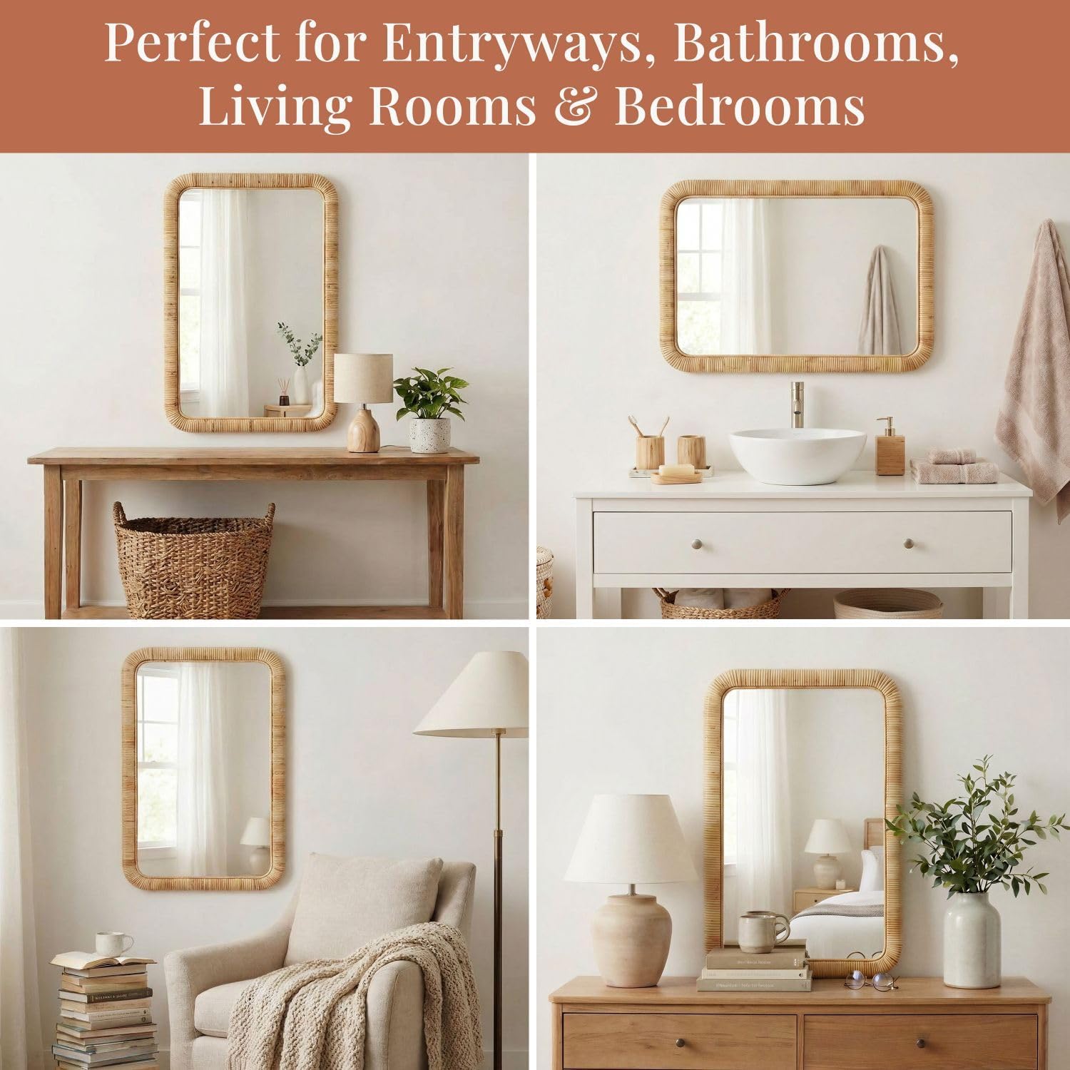 Barnyard Designs Rattan Wall Mirror, Rectangular Farmhouse Boho Accent for Bathroom, Entryway or Bedroom, Woven Natural Honey Rattan Frame (24" x 36", Rectangular) Rectangular 36"L x 24"W