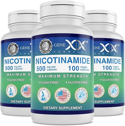 Genex Formulas Nicotinamida 500 mg (paquete de 3) Vitamina B3 Cápsulas de niacina sin rubor para una piel sana – Las píldoras de suplemento de