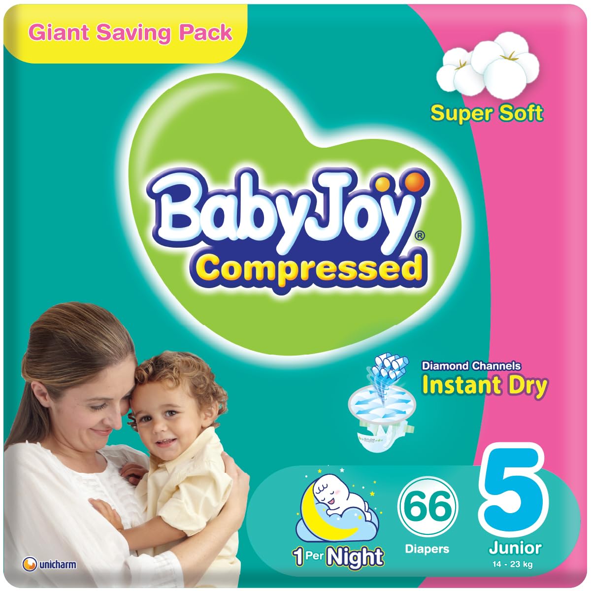 BabyJoy Compressed Diamond Pad Diaper Giant Pack Junior, Size 5, 66 Count, 14-25 kg