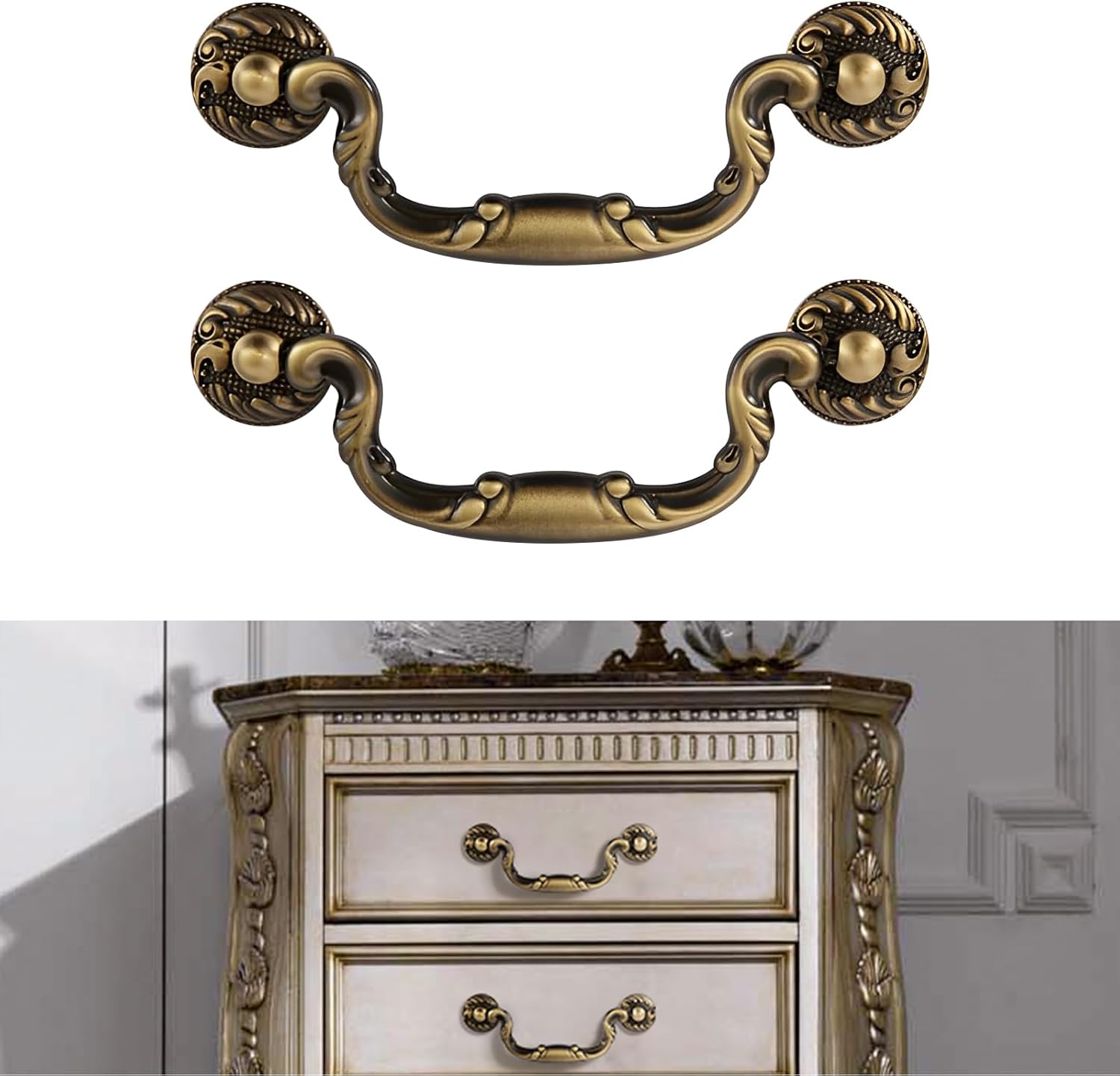 2 Pack Vintage Brass Handle 5" Antique Brass Pull for Kitchen Cabinet Drawer Cupboard Drop Bail Handle Hand Painted Black Vintage Dresser Pull Retro Copper Pure Solid Brass 5 Inch Handle