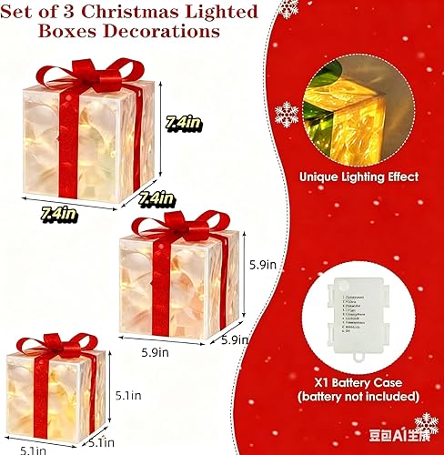 Miniatura 7 de Juego de 3 piezas de caja de regalo de Navidad roja brillante, caja de regalo de Navidad brillante de 60 LED, caja de regalo alimentada por batería,