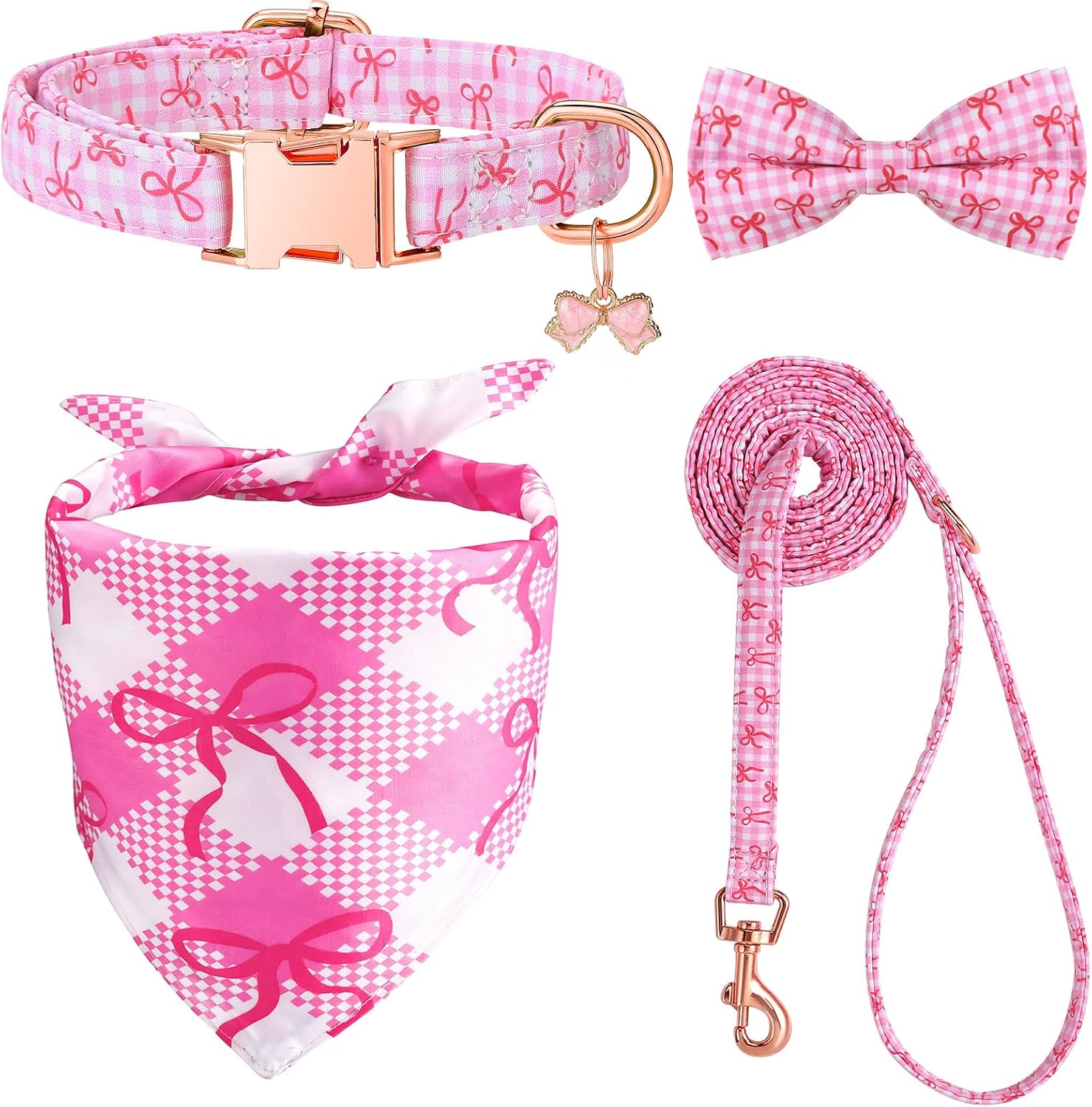 Pink Dog Collar and Leash Set Small Dog Collar with Bow Tie and Bandana