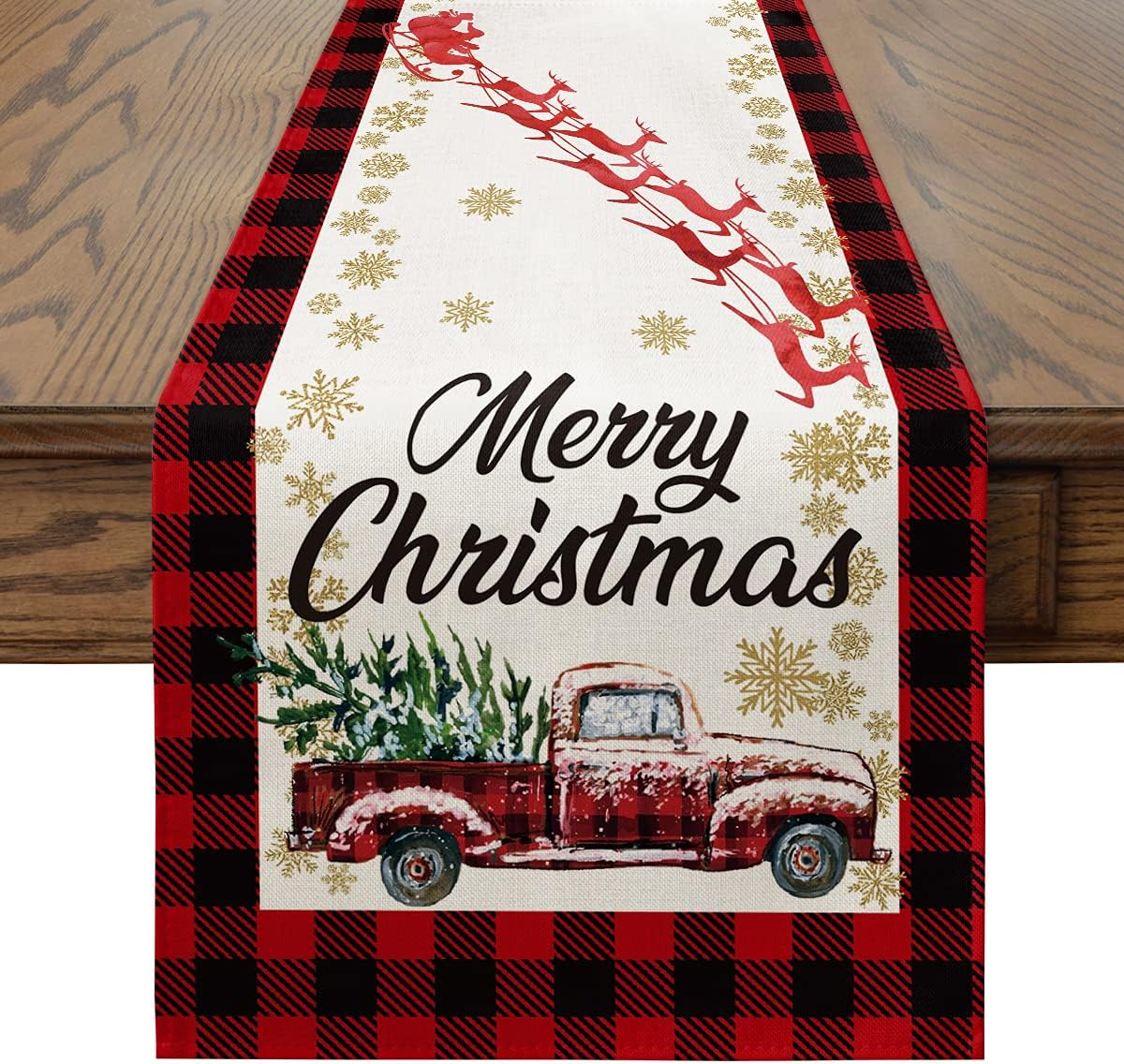 Artoid Mode Red and Black Buffalo Plaid Truck Merry Christmas Table Runner, Seasonal Winter Xmas Holiday Kitchen Dining Table Decoration for Indoor Outdoor Home Party Decor 13 x 72 Inch