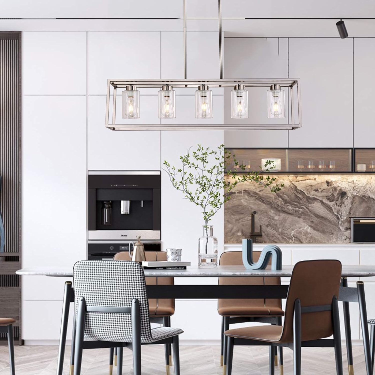 5 Lights Brushed Nickel Dining Room Chandelier Hanging Light Fixture Modern Kitchen Island Linear Lighting Farmhouse Chandelier with Clear Glass Shade for Bar Restaurant