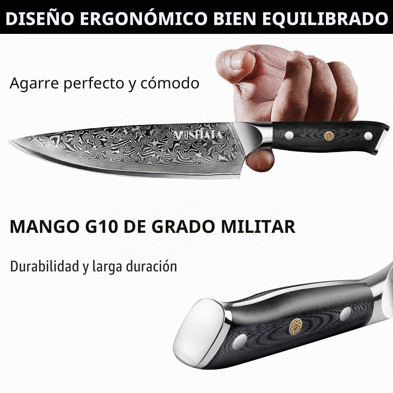 MOSFiATA Cuchillo de Cocina Damasco, 20cm Cuchillo Chef de Acero Damasco de 67 Capas con Mango de Material G10 y Afilador de Cuchillos