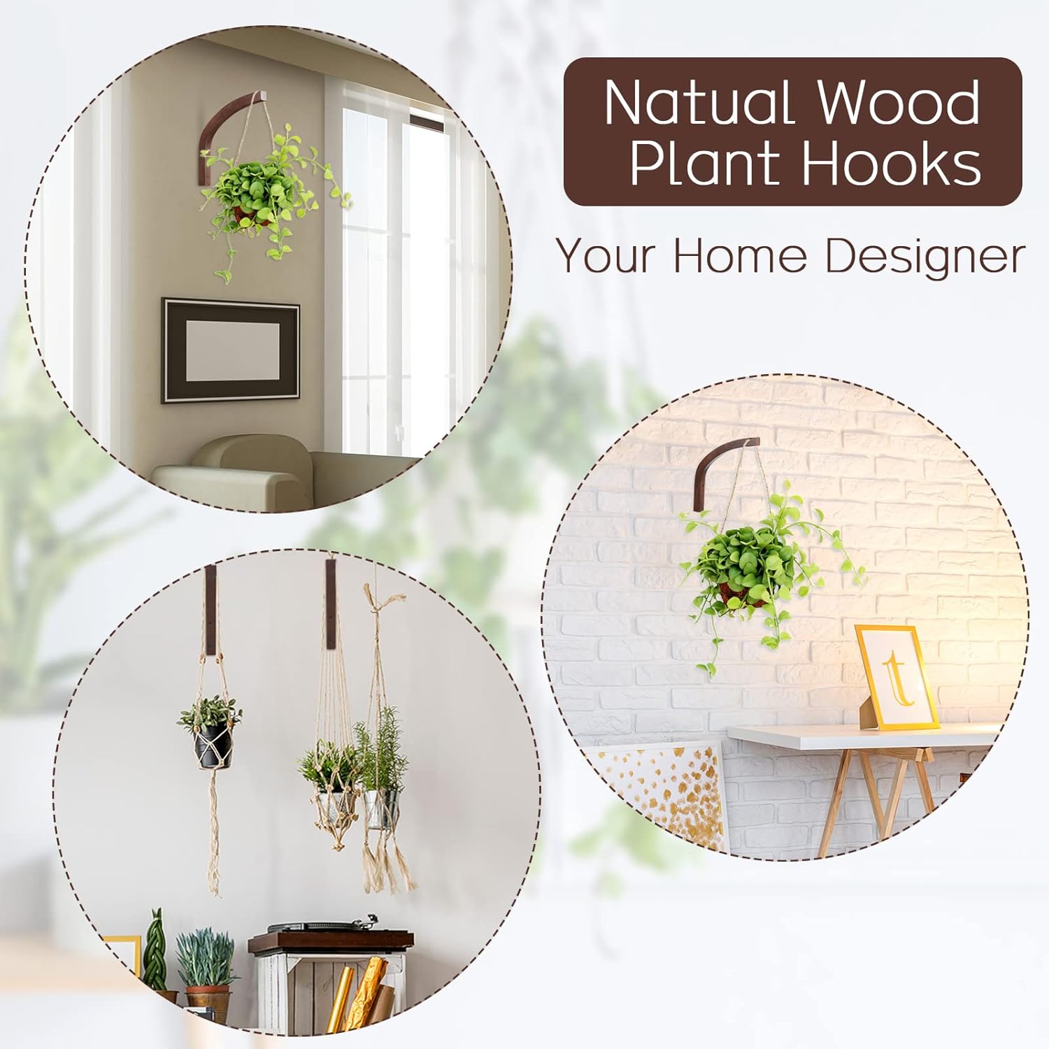 Juexica 4 Pcs Plant Hanger Wooden, 8 Inch Hanging Plant Hooks for Indoors and Outdoor, Wall Mounted Hanging Hook Brackets for Planters Lanterns Wind Chimes and Bird Feeders Patio Decor(Coffee Color)