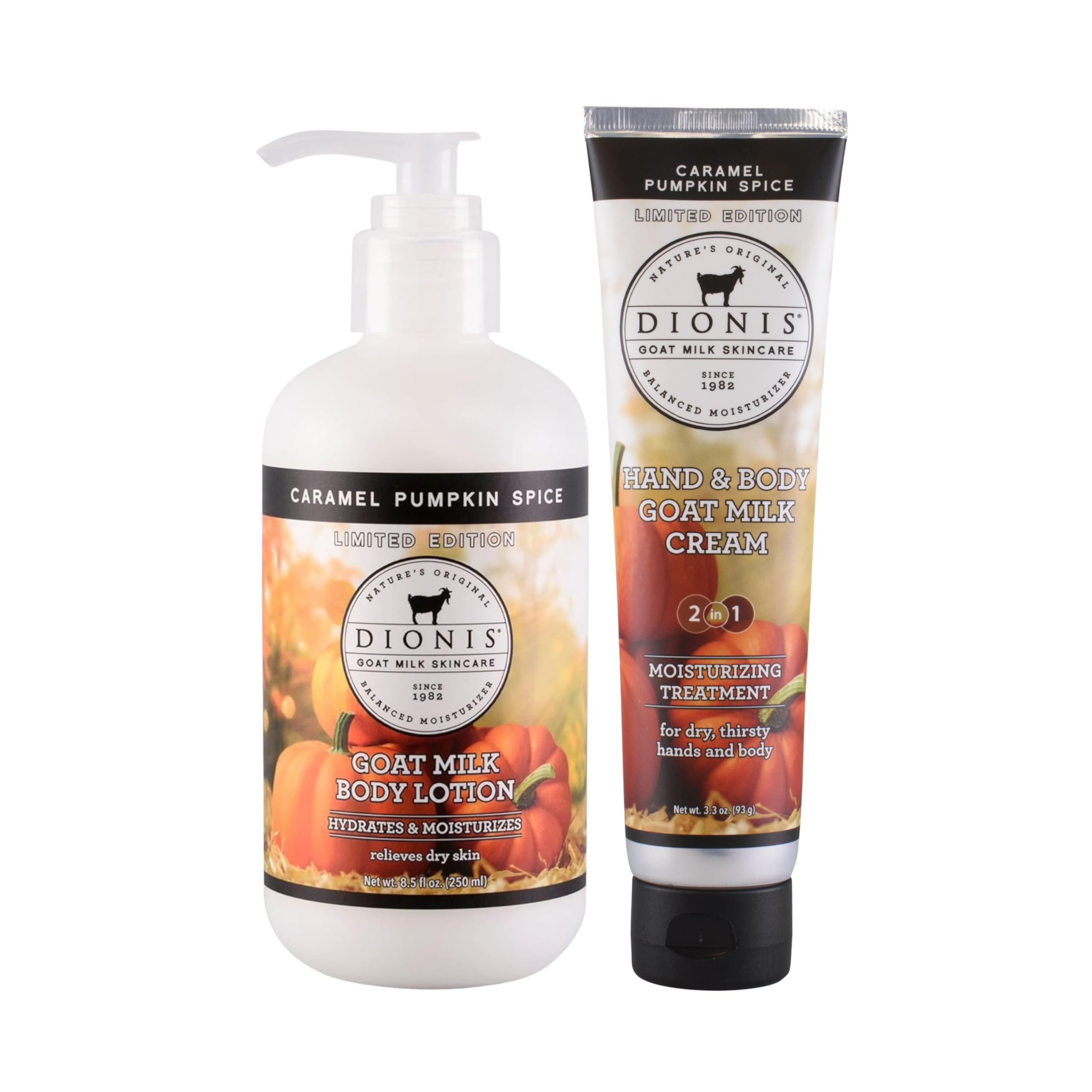 Dionis Goat Milk Caramel Pumpkin Spice Hand Cream 3.3oz & Body Lotion 8.5oz Limited Edition Fall Bundle - Hydrating Travel Set, Moisturizing Skincare