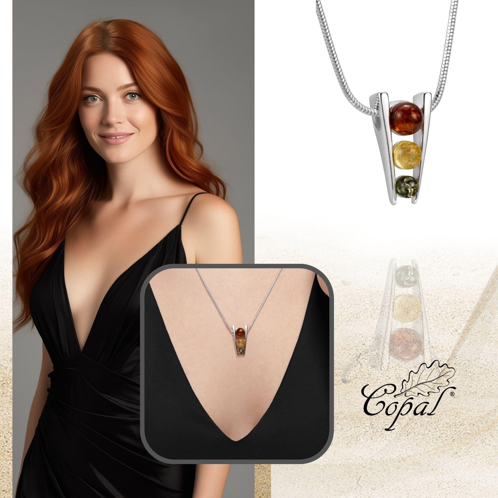 Copal Damen Bernsteinanhänger Kette Aus Sterlingsilber Verstellbar In Dreifarbiger Fassung