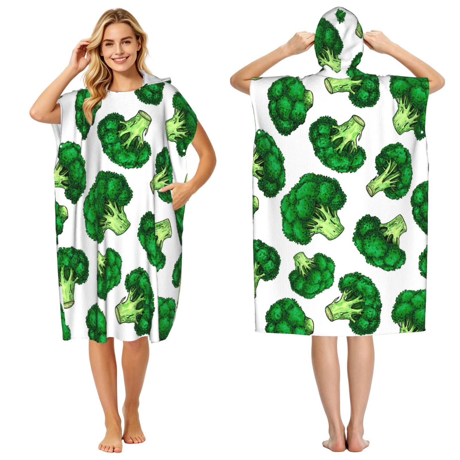 Poadnly Broccoli, Adult Hooded Beach Towel 90 x 110 cm,Changing Bath Robe, Surf Poncho Towel For Women Men
