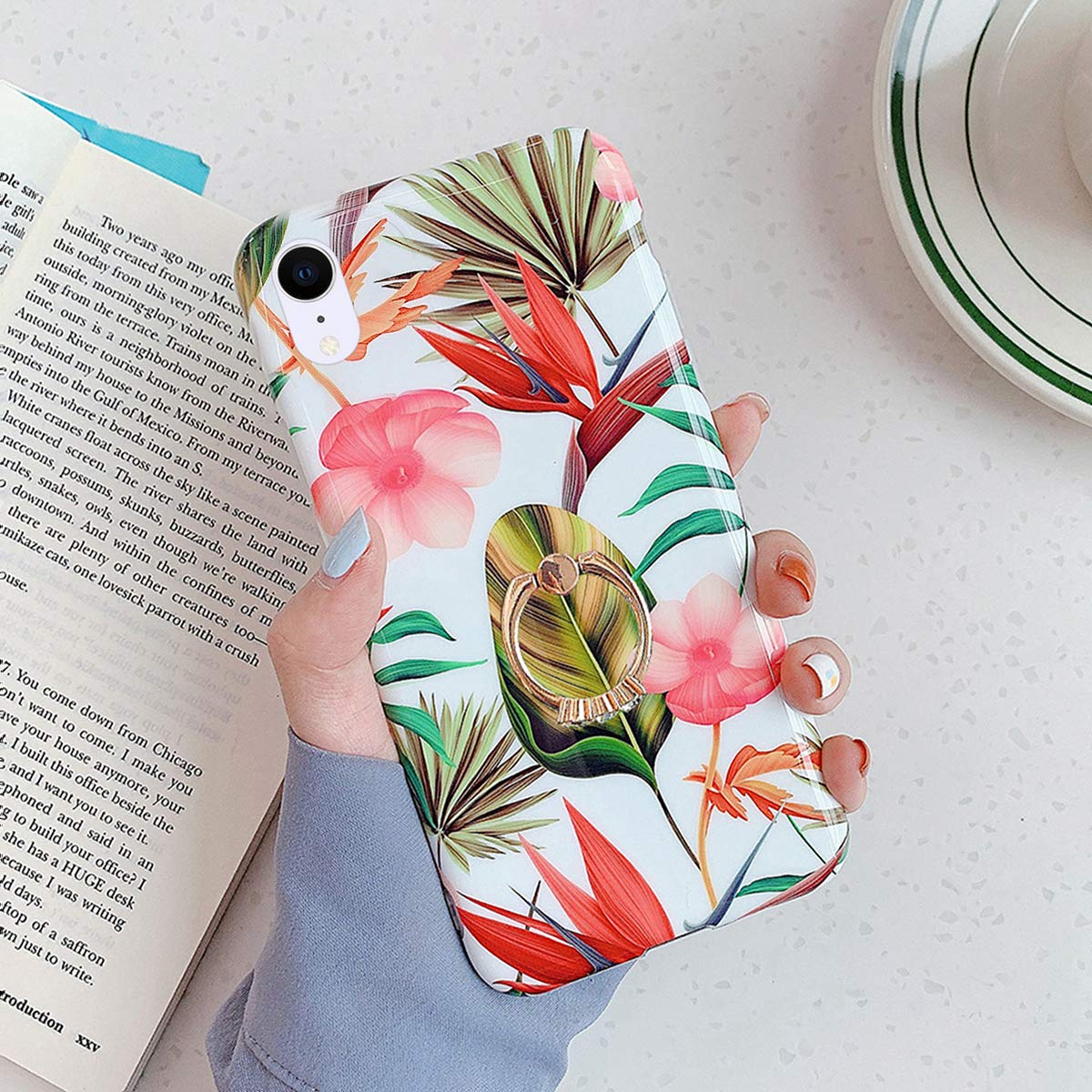 JAWSEUFlowers Phone Case Compatible with iPhone XR with Ring Stand, Bling Cute Flowers Pattern Design TPU Silicone Gel Rubber Bumper Cover Protective Soft Case for iPhone XR,Floral#5