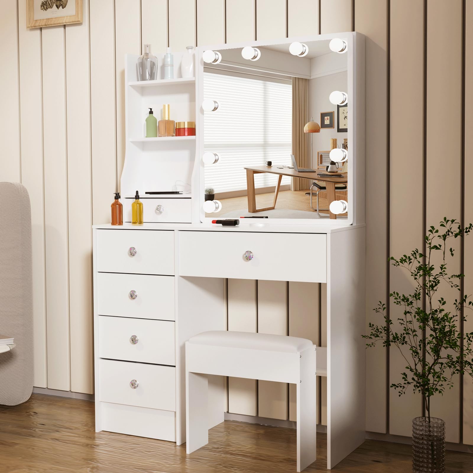 White Vanity Desk with Led Mirror, Lighting Modes Adjustable Brightness, Cute Vanity Table Set with Stool, 5 Drawer and Sliding Mirror, 80x36x130 cm Bedroom Dressing Table
